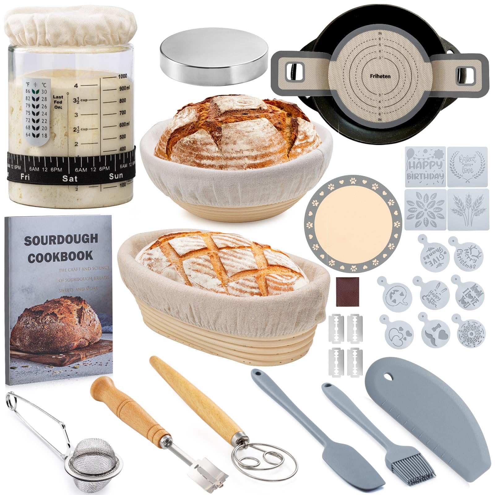 Sourdough Starter Kit,Sourdough Bread Baking Supplies,40oz Sourdough Starter Jar,Banneton Bread Proofing Basket Set with 9" Round & 10" Oval,Sourdough Bread Baking Tools