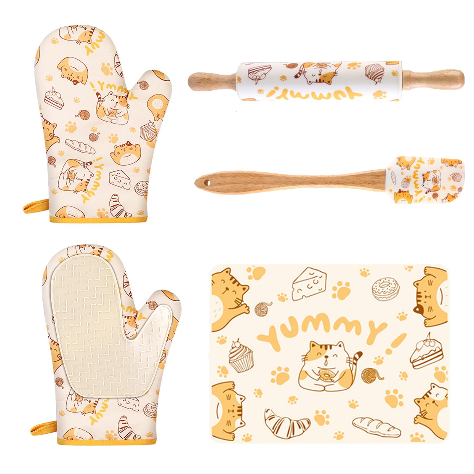 Baking Set, 5 Pcs Cute Baking Tool Set with Oven Mitt, Rolling Pin, Spatula and Placemats, Kitchen Pastry Cooking Utensils Set Bread Baking Supplies