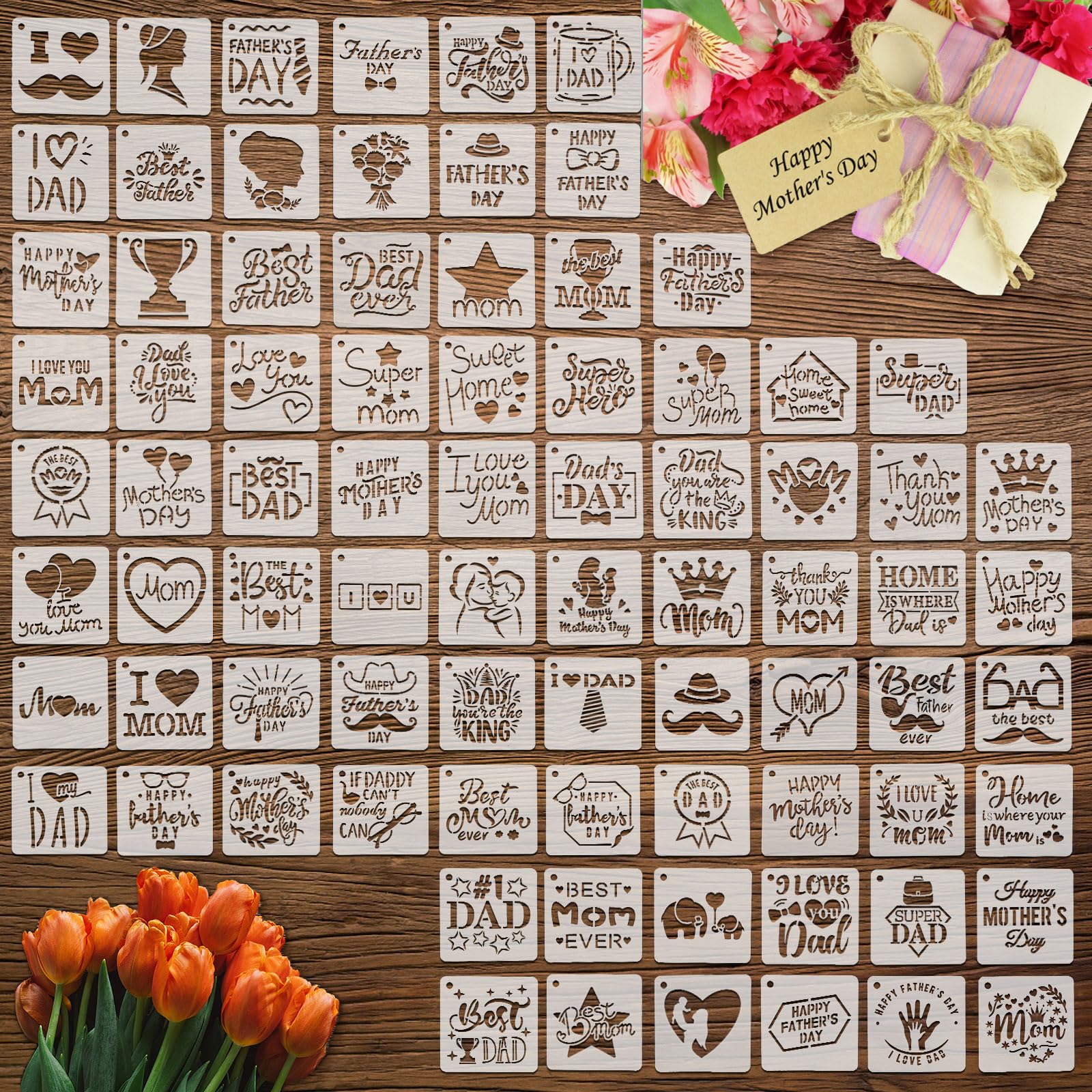 Teling 80 Pcs Mother's Day Stencils Father's Day Reusable Painting Mom Cookie Stencils Plastic Artists Drawing Mom Letter Templates Mold Tools for Party Painting Cake Baking Dessert