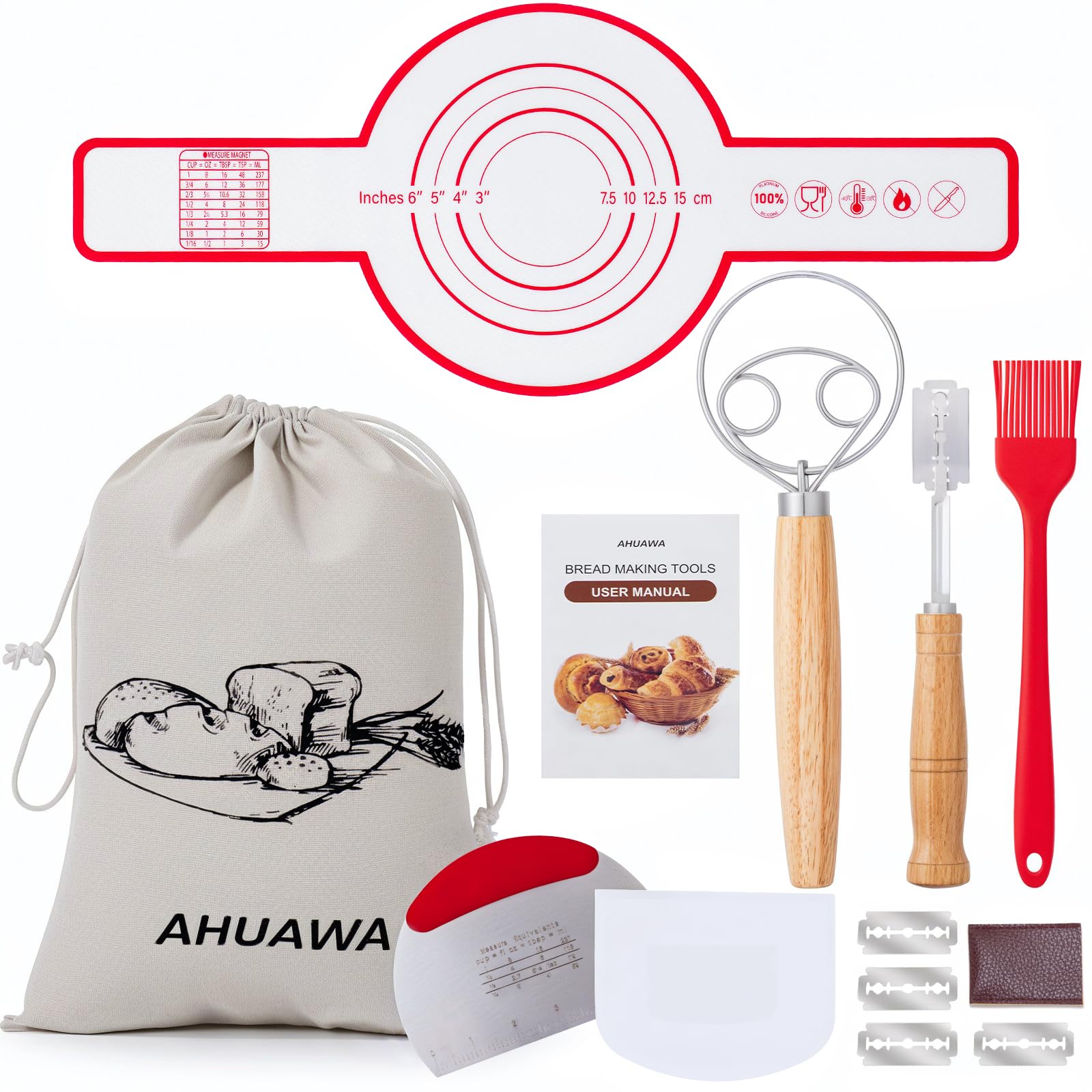 Bread Making Tools with Danish Dough Whisk Set, Sourdough Bread Scoring Tool & Baking Supplies - Bread Lame, Silicone Baking Sling, Bread Bag & More, Bread Baking Supplies