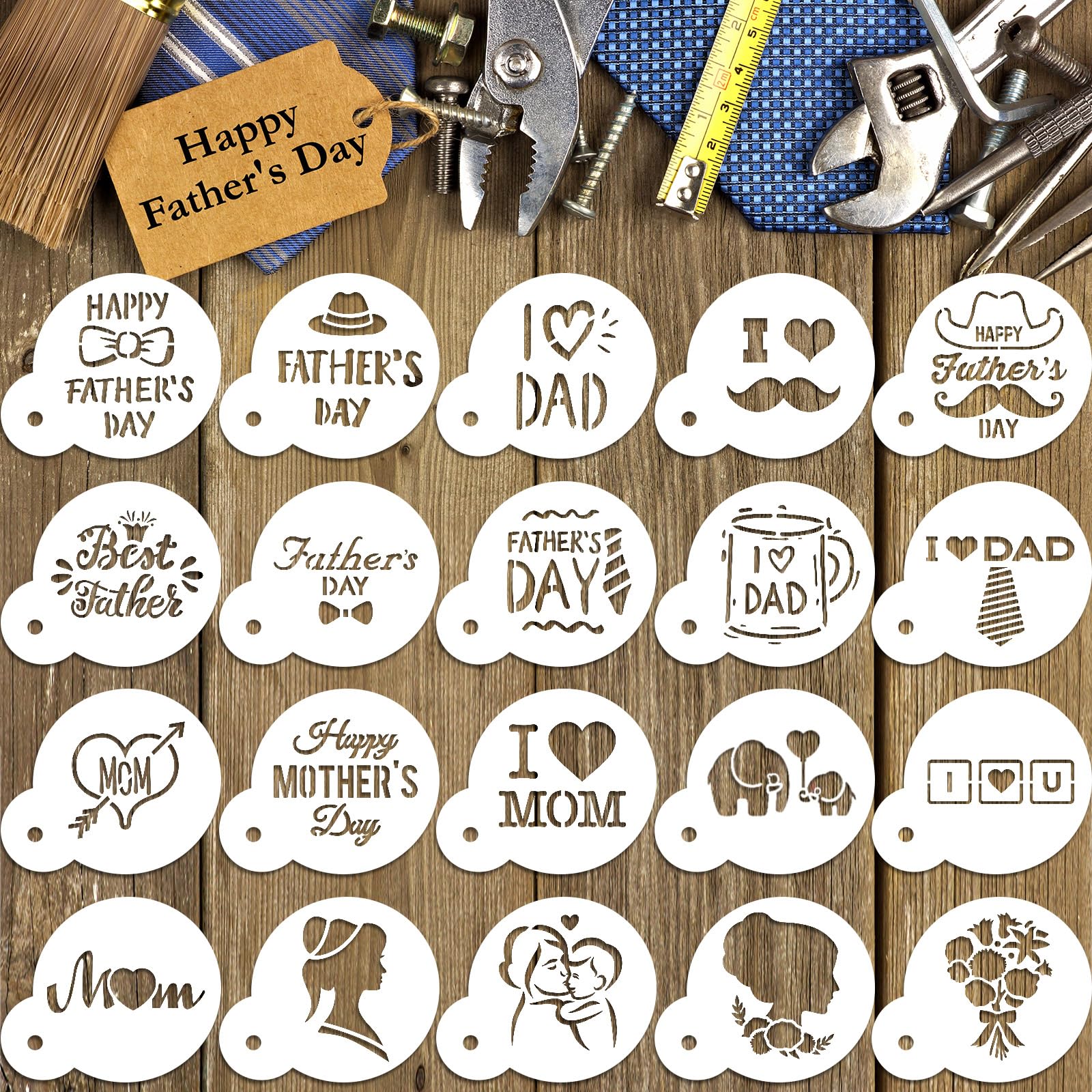 Patelai 20 Pieces Mother's Day Cookie Stencil Set Reusable Cake Baking Templates Mold Tools for Cookie Cupcake Fondant DIY Crafts Father's Day Theme Party Decoration Supplies