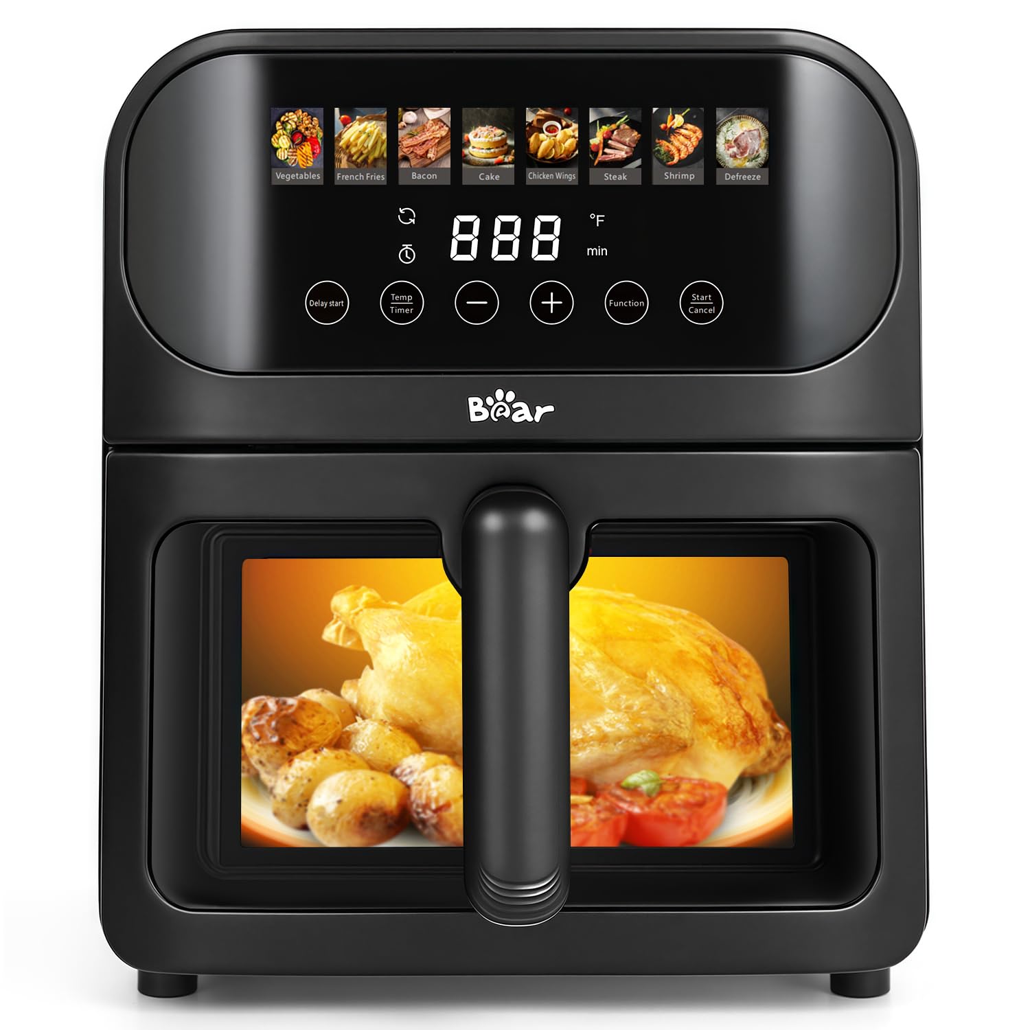 Air Fryer 6.4Qt, 8 in 1 Airfryer Timer Temp Adjustable Fast Family Meals with Cookbook, Large Visible Window Roast Bake Crisp Reheat Frozen Fries Steak, Non-Stick Basket Dishwasher Safe