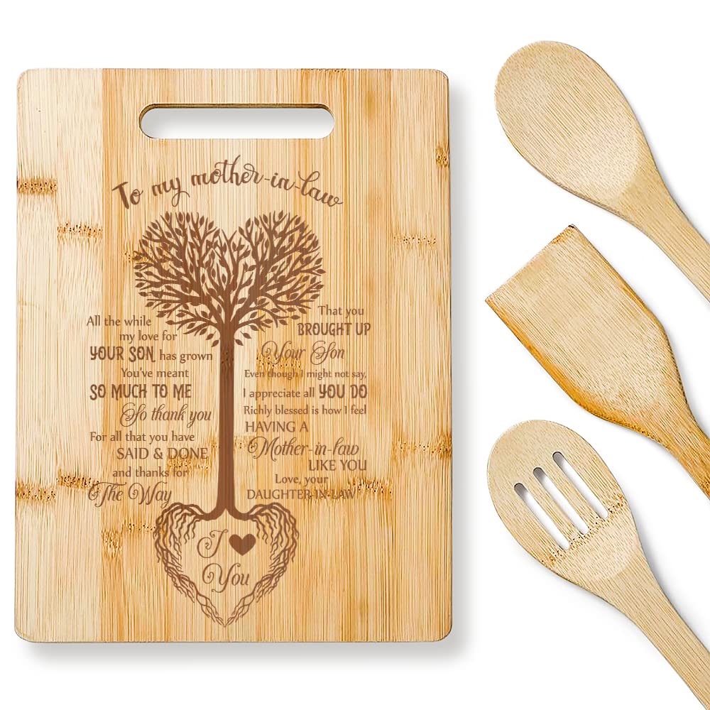 Mom Cutting Board - Heart Laser Engraved Bamboo Board, Gift for Mother's Day, Birthday Present for Mom