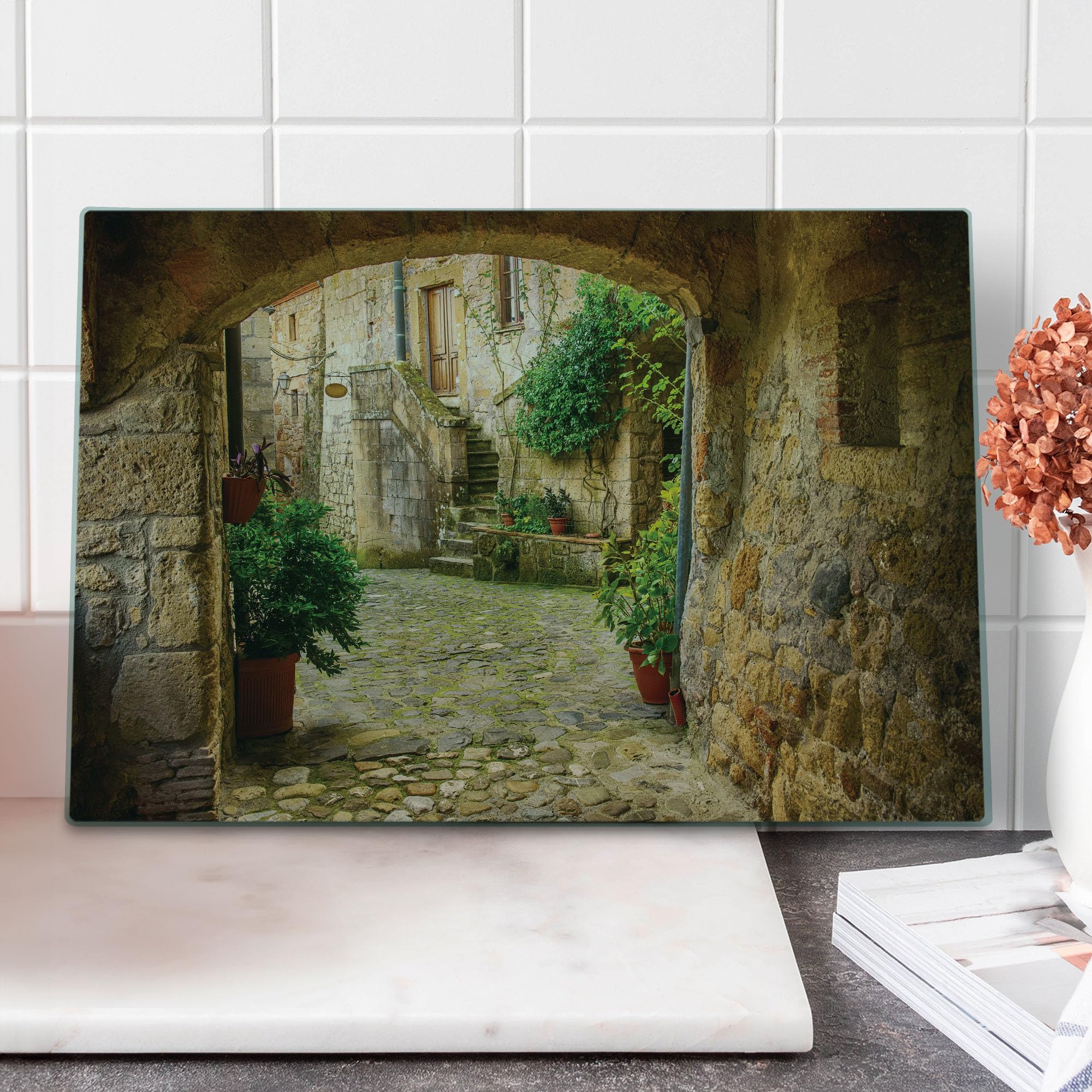 Lunarable Scenery Cutting Board, Landscape from Another Door Antique Style Stone Village Tuscany Italian Valley, Decorative Tempered Glass Cutting and Serving Board, Large Size, Pale Brown