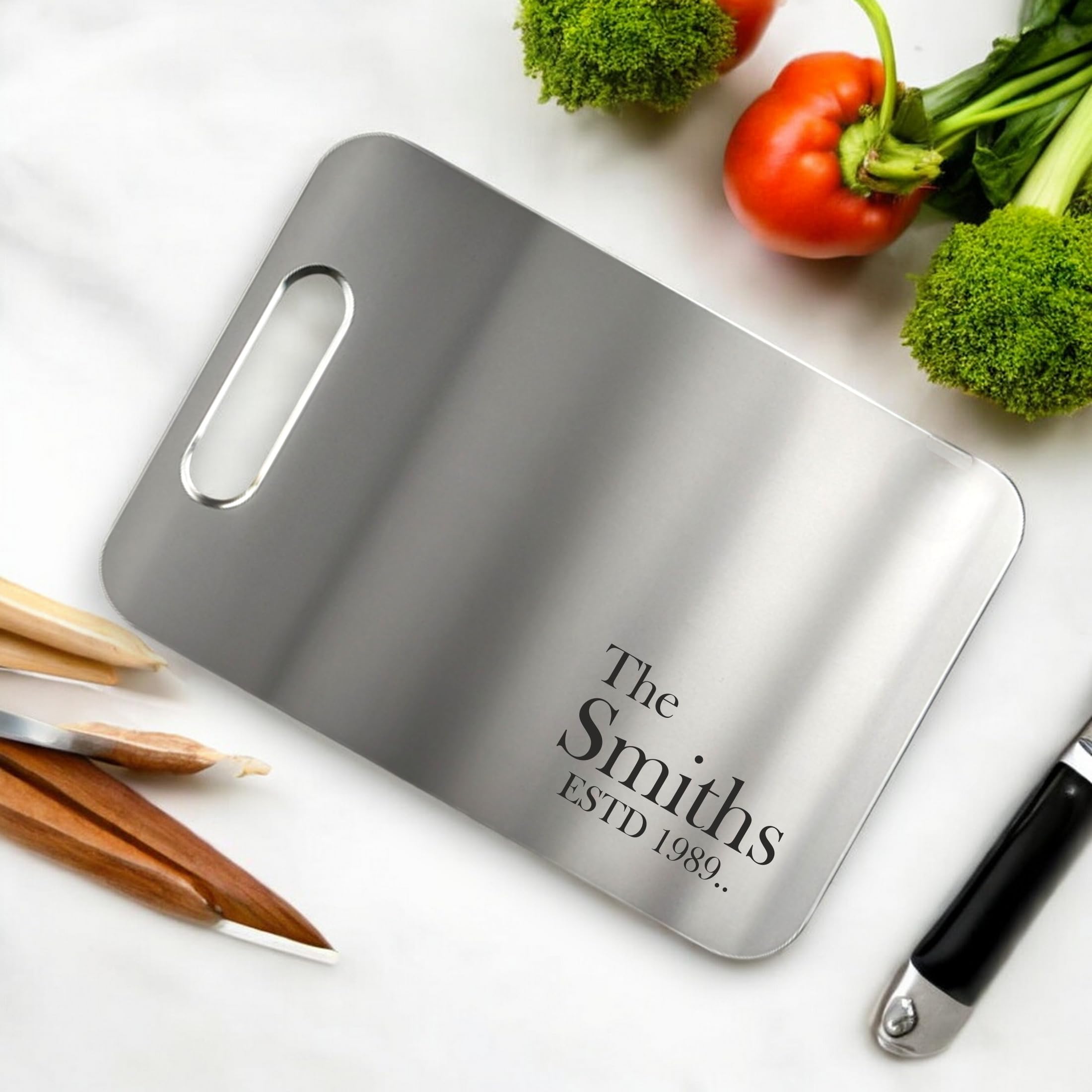 Personalized Cutting Board - Custom Stainless Steel Engraved Charcuterie Board | Wedding, Housewarming, Anniversary & Bridal Shower Gift for Couples, Newlyweds, Parents