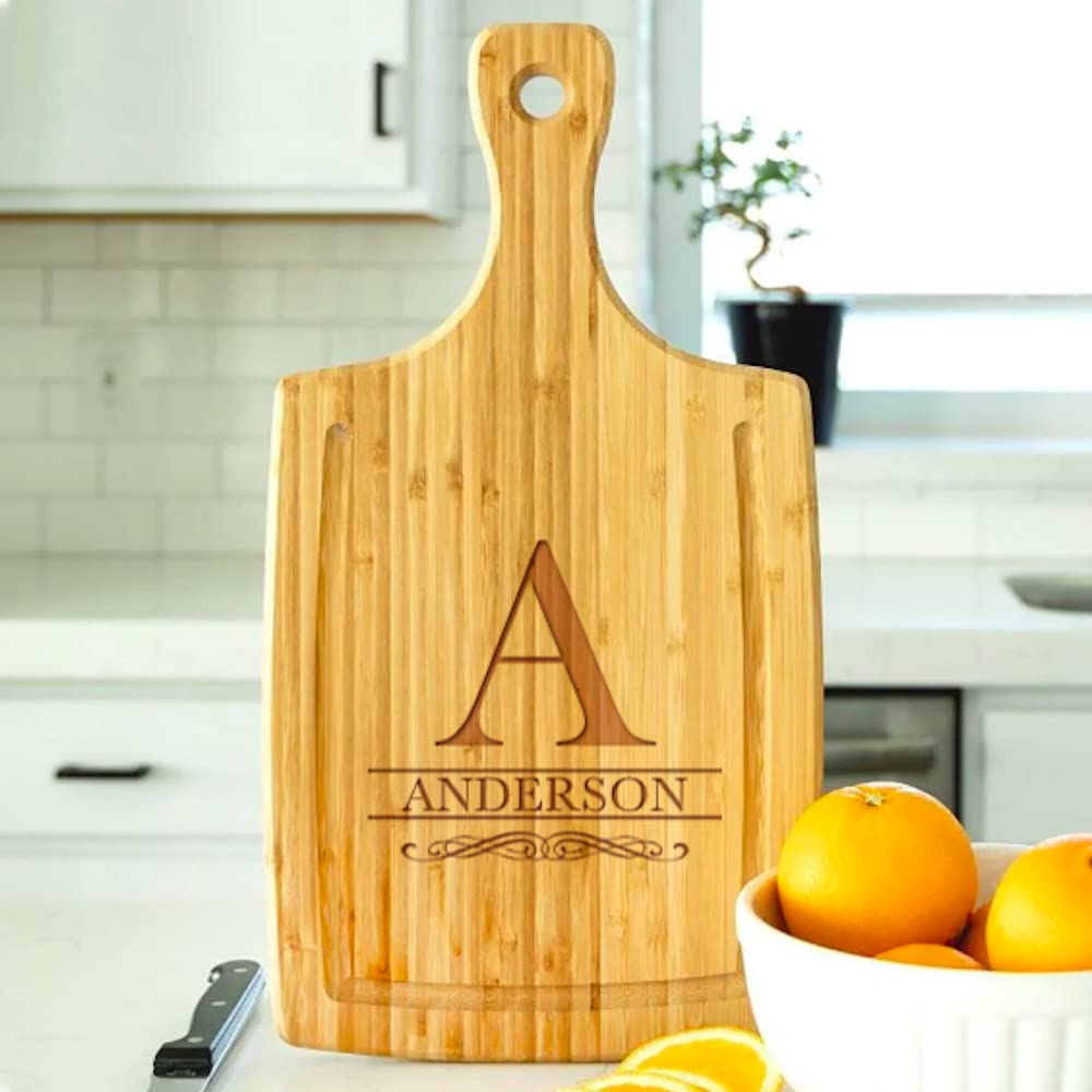Personalized Cutting Board Wedding Gift for the Couple - Custom Cutting Board Wood Engraved (With Handle and Grooves, Anderson Design) - Bamboo Charcuterie Board - New Home Gift