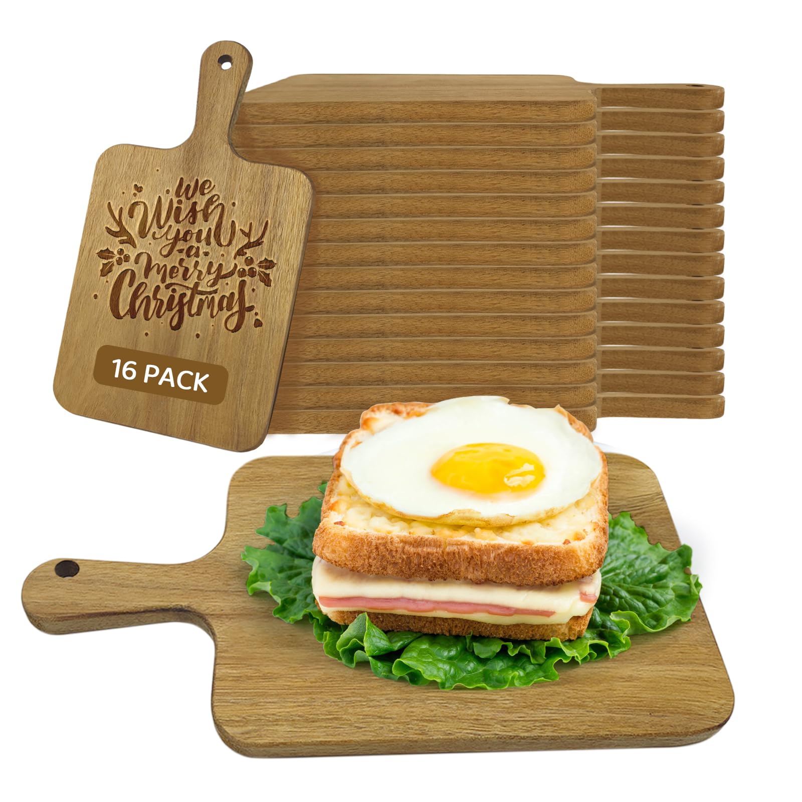 16 Pcs Acacia Cutting Board Bulk Wood Cutting Board with Handle Charcuterie Boards Laser Engraving Chopping Serving Board for Customized Christmas Wedding Housewarming Gift (13.8" x 7.1")