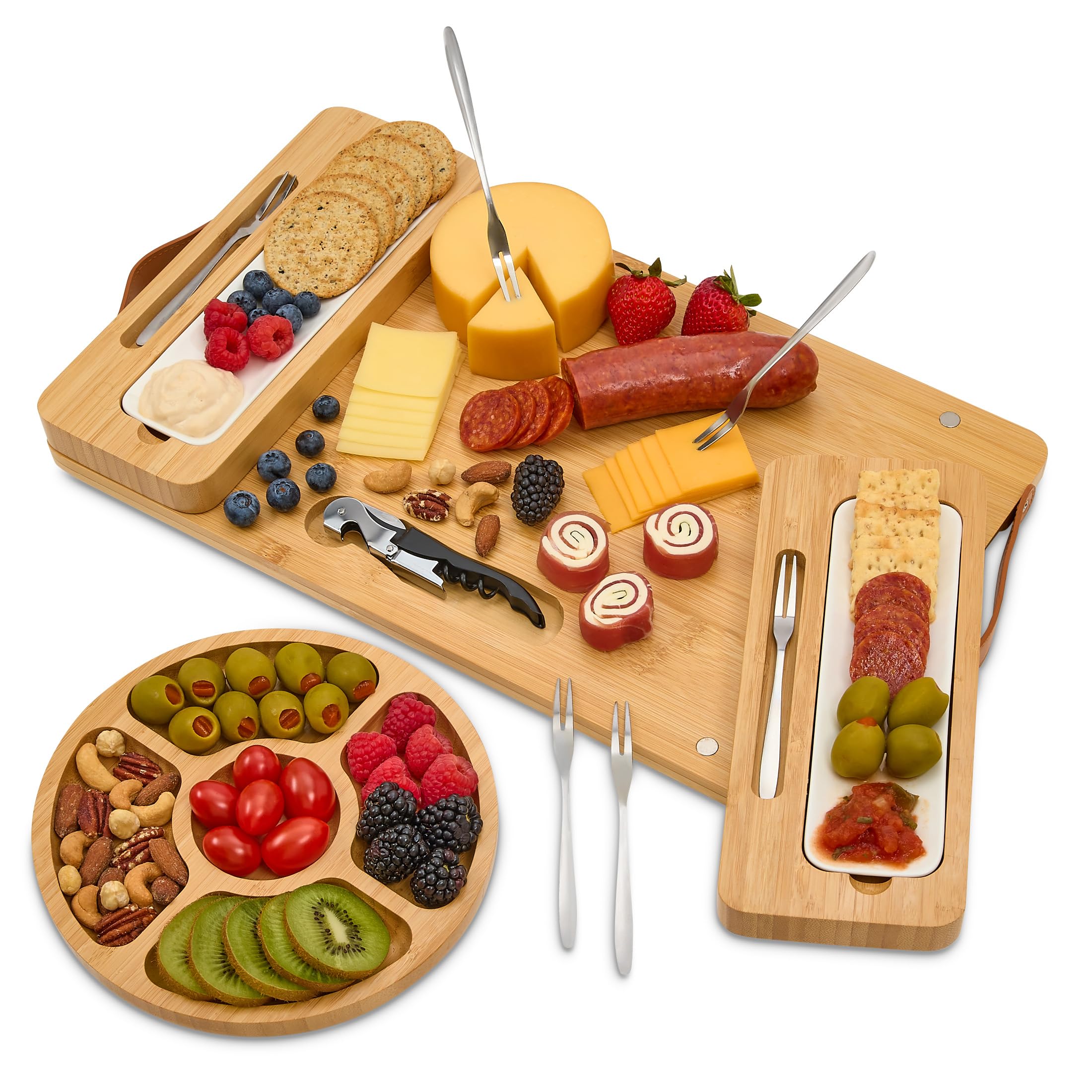 Bamboo Charcuterie Boards Gift Set with Magnetic Removable Side Trays, Fruit Tray, Handles, Cutlery-Ready Box & House Warming Gifts New Home
