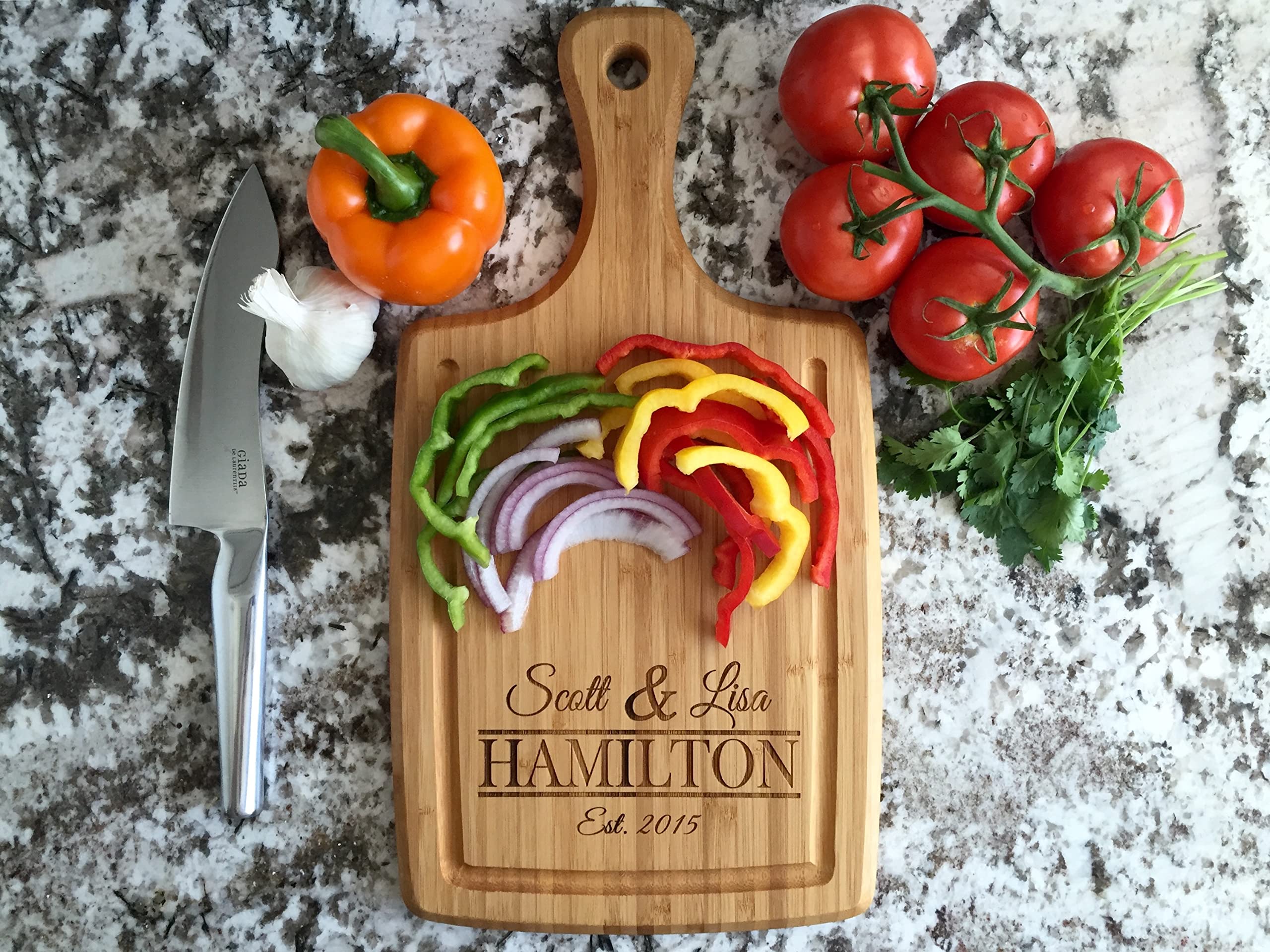 Personalized Cutting Board Wedding Gift for the Couple - Custom Cutting Board Wood Engraved (With Handle and Grooves, Hamilton Design) - Bamboo Charcuterie Board - New Home Gift