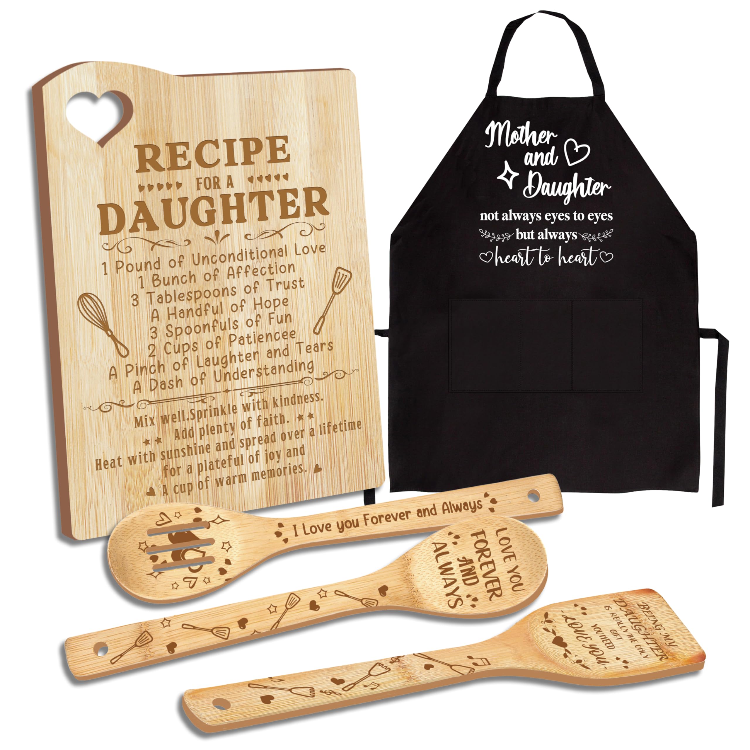 Mothers Day Daughter Gifts, Daughter Kitchen Gifts from Mom, Birthday Gift Wooden Cutting Board with Cooking Utensils Set with Apron, Great Daughter Mother's Day Gift