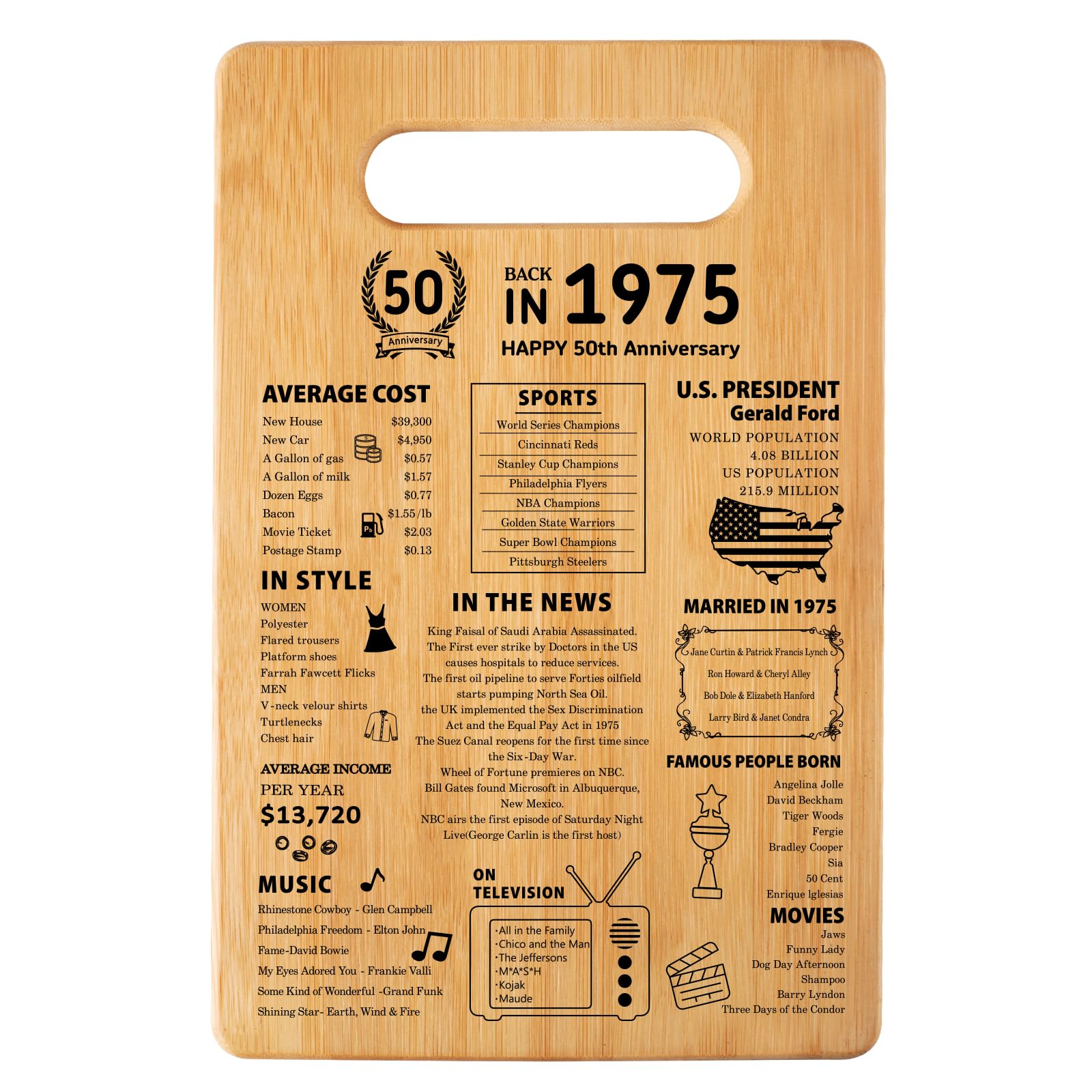 50th Wedding Anniversary Cutting Board Gifts for Women Men Marriage Gifts for Couple 1975 Poster Back In 1975 50th Anniversary Decorations 100% Organic Bamboo Pre Oiled 11.8"L x 7.8"W x 0.5"Th