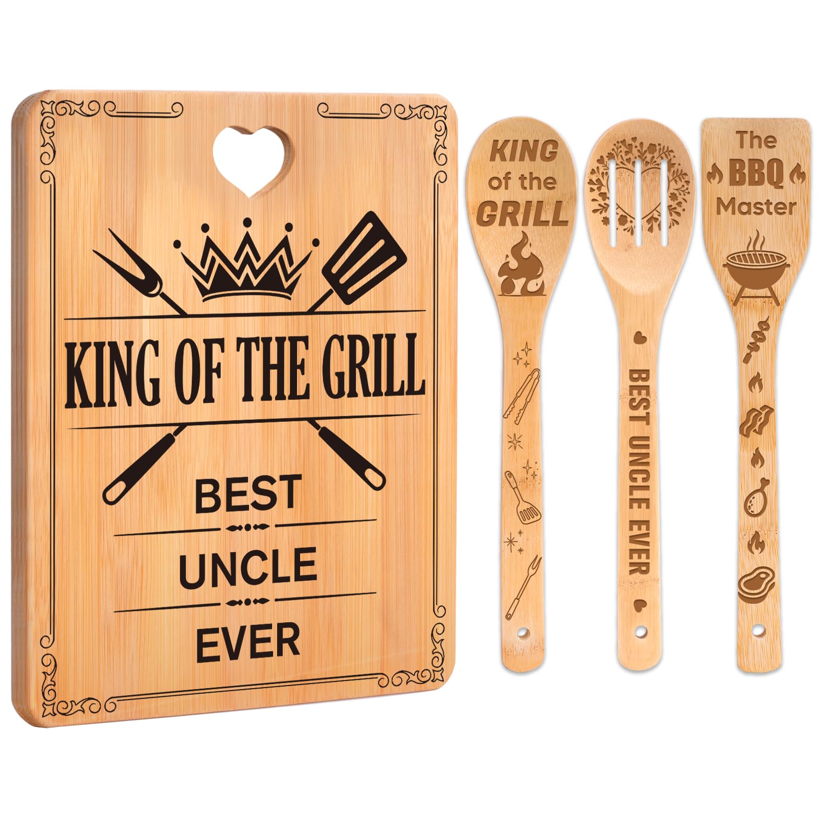 Best Uncle Gifts - "King of The Grill, Best Uncle Ever" Uncle Gifts Cutting Board Set, Bamboo-Made Engraved Utensil Set Birthday Gifts for Uncle from Niece/Nephew