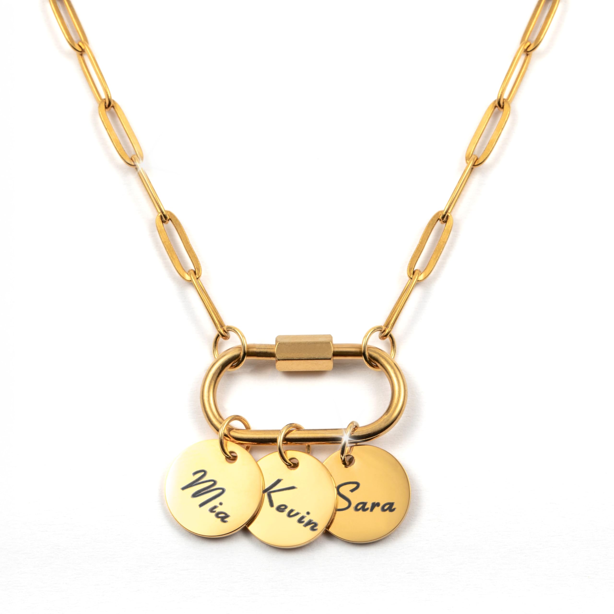 Custom Carabiner Coin Charm Necklace with Kids Names, Gift for Mom, Handmade Jewelry for Her, Grandma Gift for Mothers Day -P-LOCK-CN