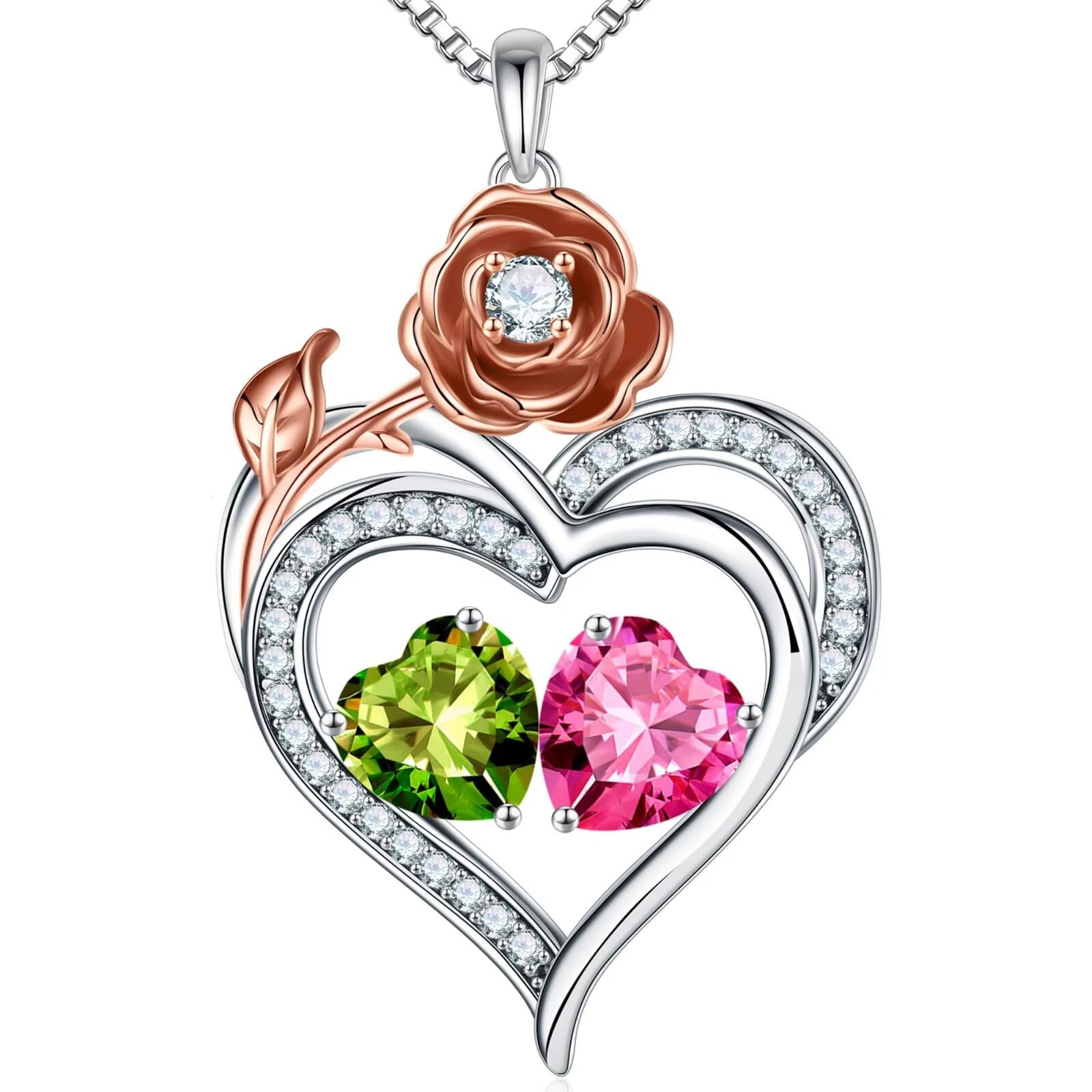 Iefil Rose Heart Birthstone Necklace Gifts for Wife Mom, Birthstone Jewelry Gemstone Valentines Mothers Gifts for Her Wife Women Mom Grandma