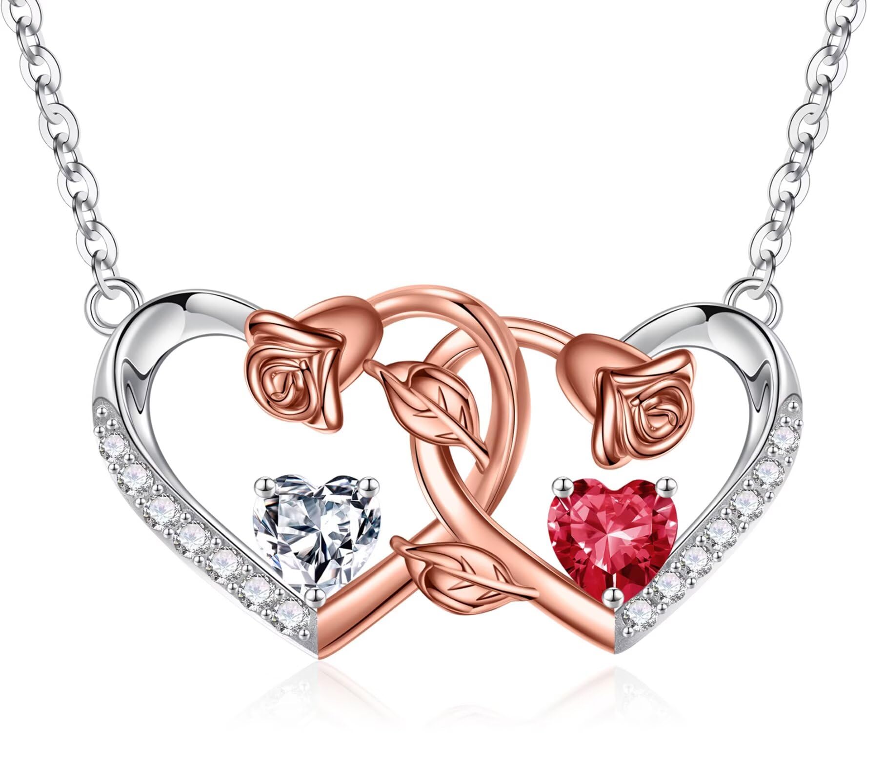 Iefil Mothers Day Gifts for Wife - 925 Sterling Silver Birthstone Necklace, Double Heart Necklaces for Women, Anniversary Birthday Gifts for Mom Wife Girlfriend