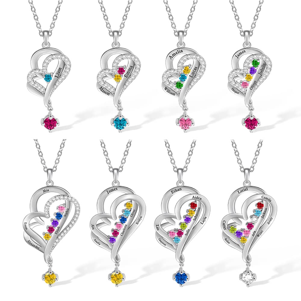 AILIN Custom Mothers Necklace With 1-8 Birthstones 925 Sterling Silver Heart Personalized Engraved Name Mom Pedant Necklace Family Jewelry Gifts For Women Mama Grandma Daughter
