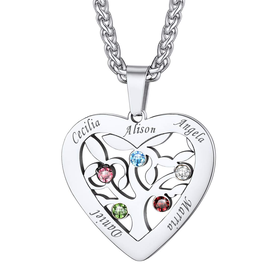 U7 Mother Necklace Personalized Engrave Name Jewelry|2/3/4/5/6/7 Children Friend Family Names Necklace with Birthstone for Women Girls,Pendant for Mom Grandma,Wife