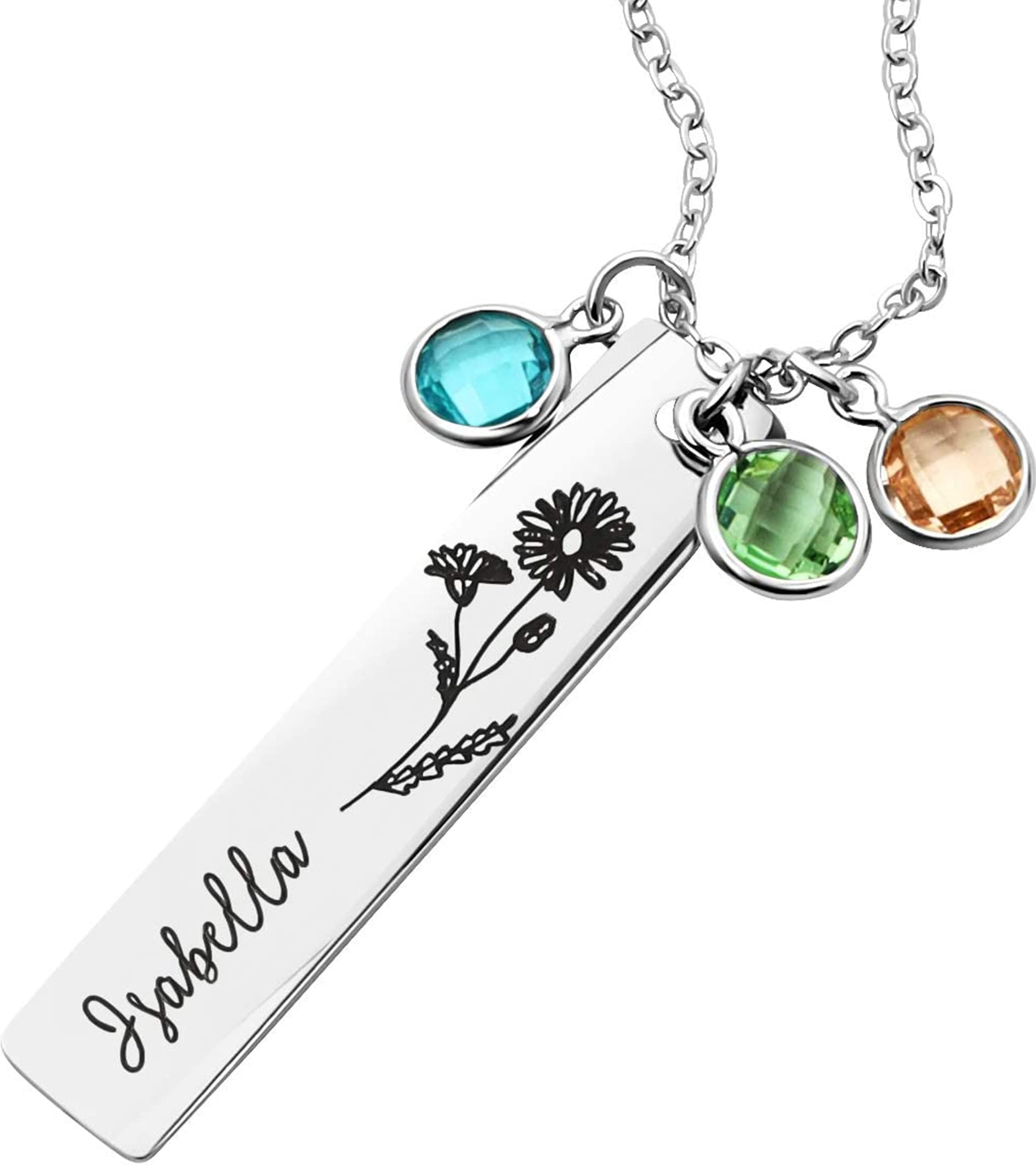 Personalized Birthstone and Birth Flower Bar Necklace, Custom Floral Jewelry, Engraved Name Gift for Mom, Mother's Day Gift for Women, Handmade Necklace for Her – 8N-FLBS-S