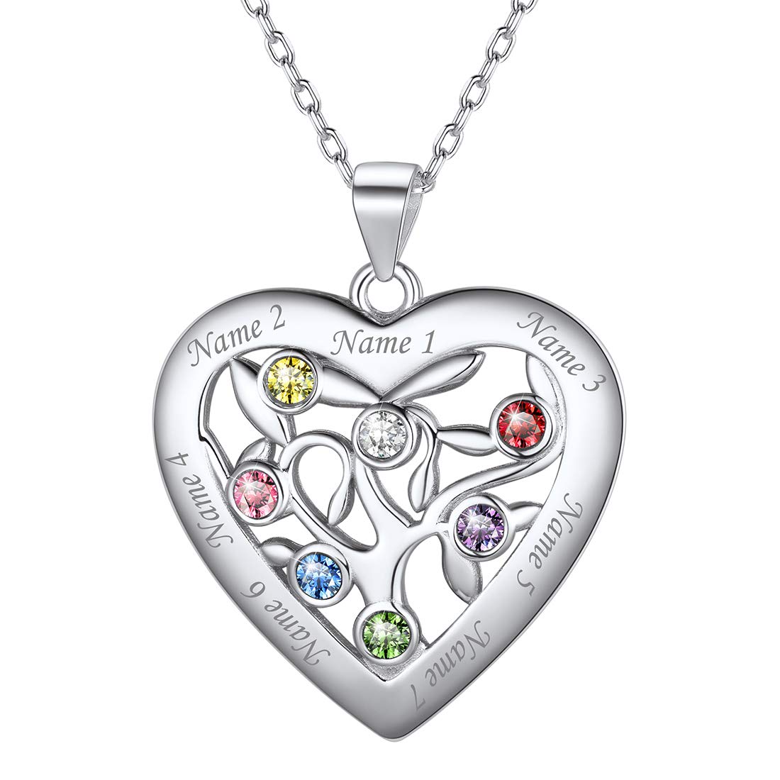 U7 Heart/Round Tree of Life Necklace, Customized Birthstone Jewelry for Women Men,Custom Name Family Branch Tree Pendant Personalized Mother Necklaces with 2-7 Names and Birthstones