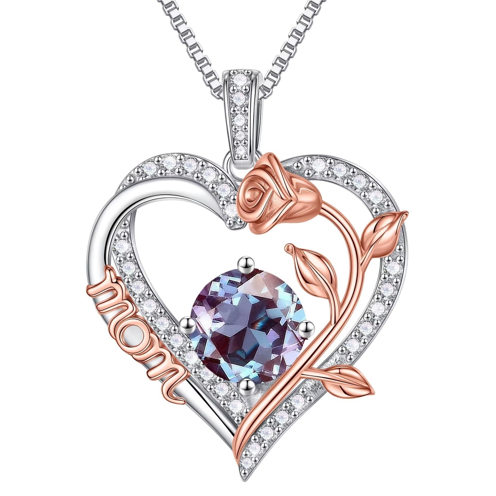 Iefil Rose Heart Birthstone Necklace | 925 Sterling Silver Rose Necklace | Women's Elegant Pendant Necklace for Mothers Day, Birthday, Anniversary & More