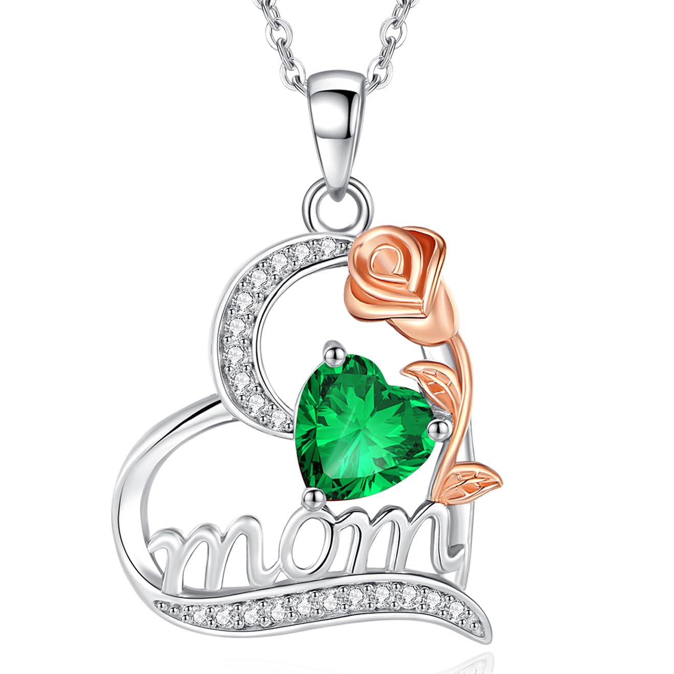 FANCIME Mom Birthstone Necklace for Women Rose Heart Necklace I Love You Mom Gifts Mother's Day Gifts Jewelry for Grandmother Women Wife, 16"+2" Inches