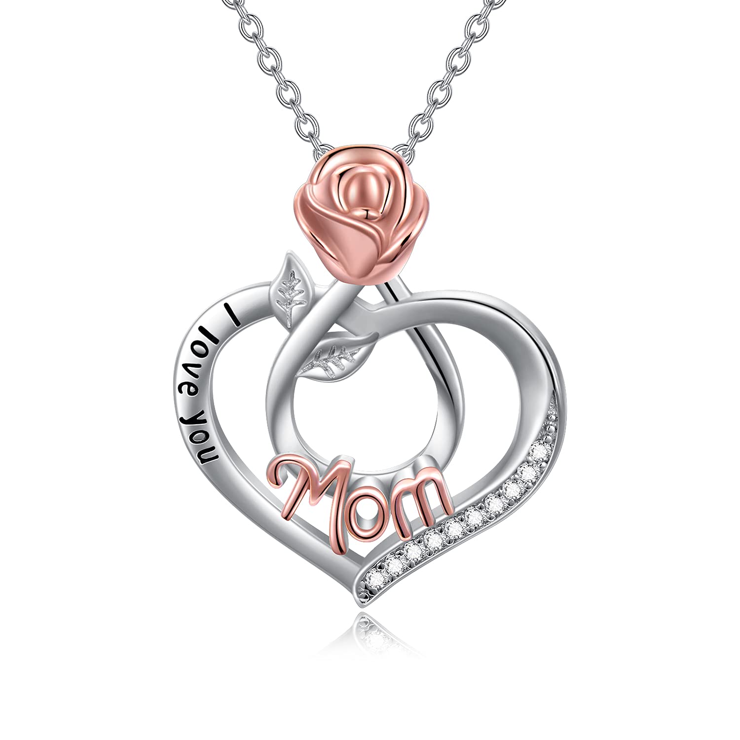 POPKIMI Mothers Day Gifts for Mom Grandma Nana 925 Sterling Silver I Love You Necklace Rose Flower Love Heart with Crystal Jewelry for Women