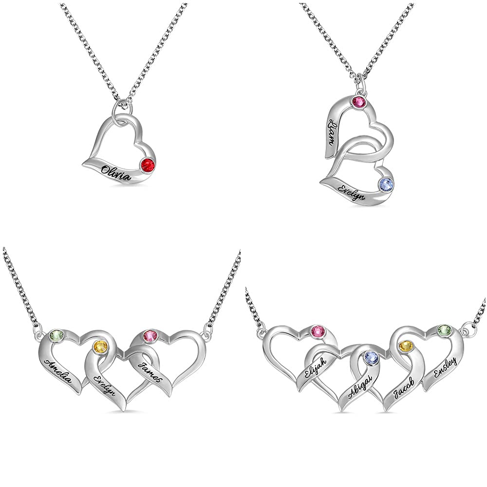 Custom Love Heart Necklaces For Women Sterling Silver 925 Personalized 1 2 3 4 Names Pendant Necklace With Bithstones Engraved Family Mom Necklace With Kids Name Gifts For Girlfriends Grandmother