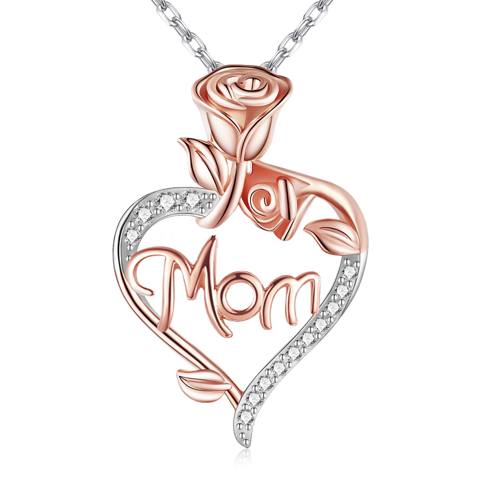 Mothers Day Gifts for Mom Sterling Silver Heart Rose Necklaces for Women,Birthday Jewelry Gifts for Her Girlfriend Wife Mom