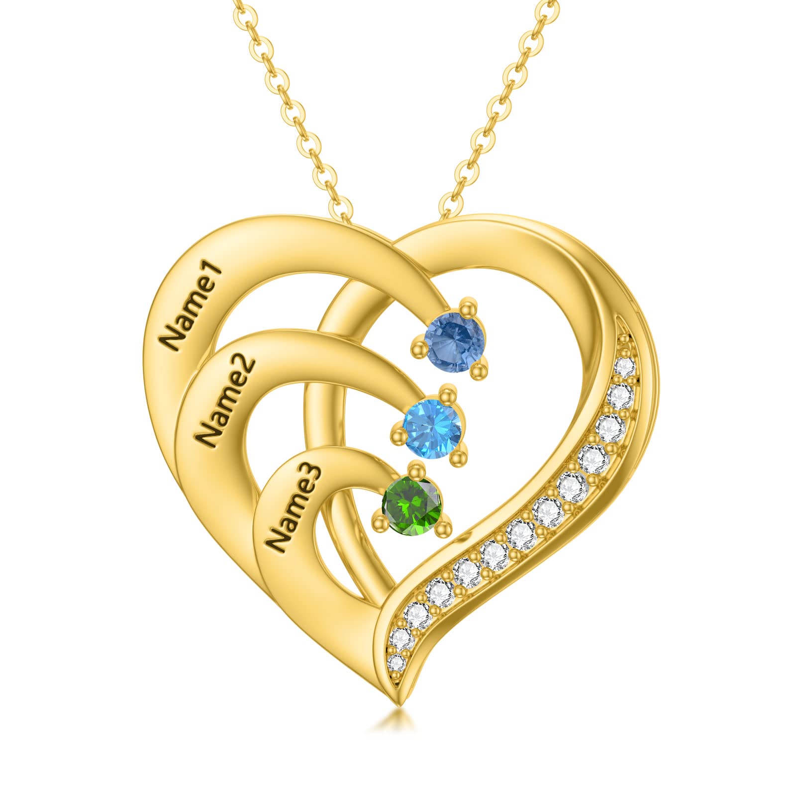 10K/14K/18K Gold Personalized Mom Necklace with 1-4 Birthstones Custom Name Heart Necklace Engraved Names for Mom Wife