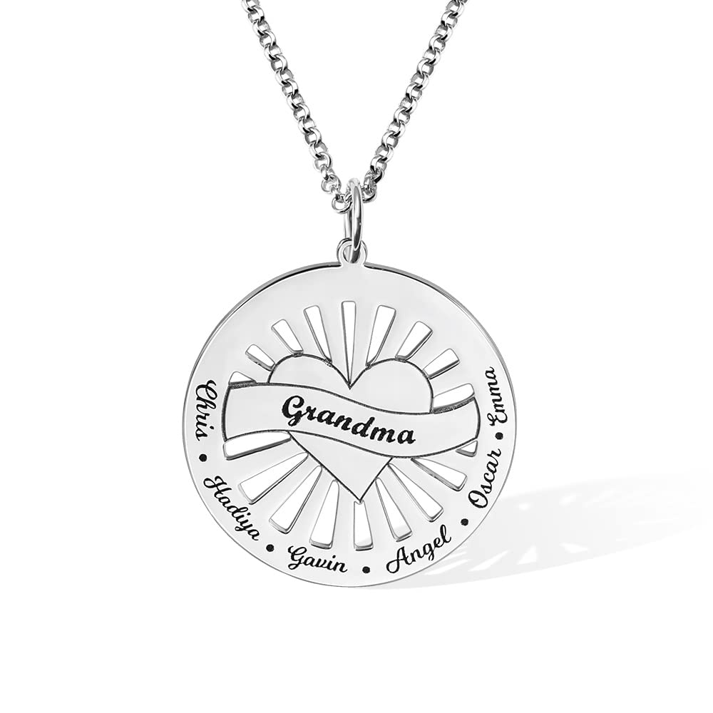 AILIN Custom Round Sunshine Mom Necklace 925 Sterling Silver/Stainless Steel Personalized 1-9 Family Names Pendant Necklace Birthday Jewelry Gifts For Women Mother Grandma