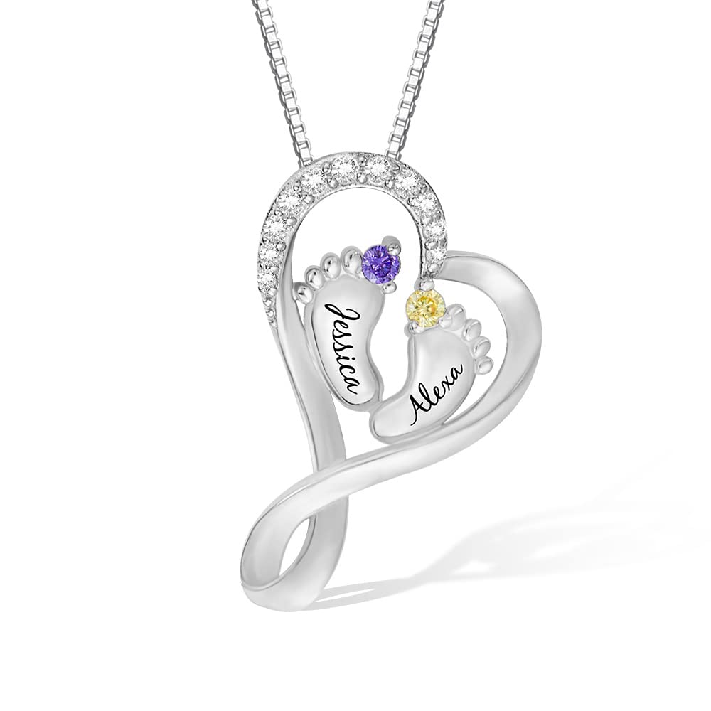 AILIN Custom Heart Mother Necklace With 2 Names and Birthstones 925 Sterling Silver/Brass Personalized Engraved Baby Feet Necklace Family Christmas Jewelry Birthday Party Gifts For Women Mom