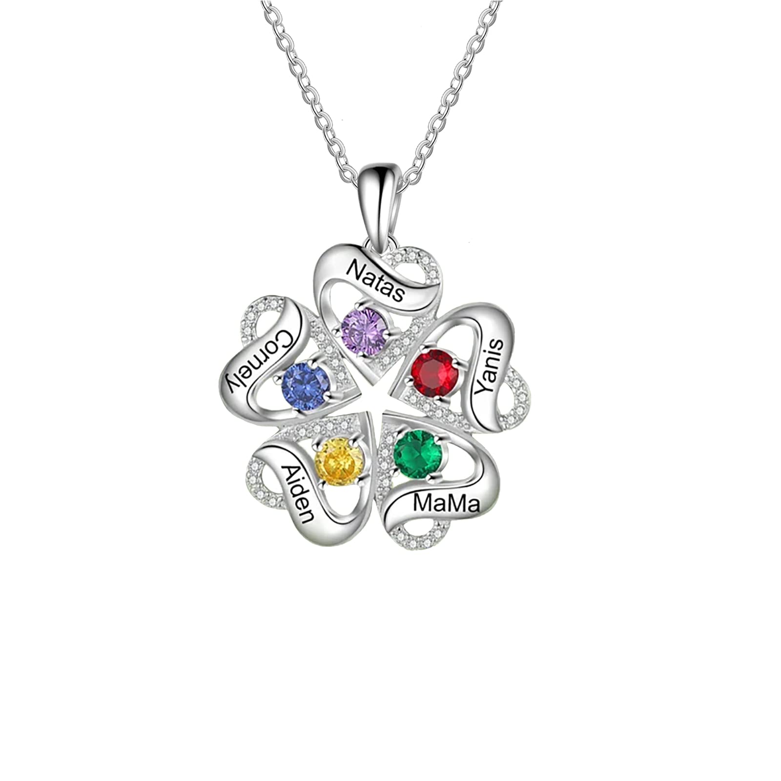 10K/14K/18K Gold Personalized Birthstone Heart Pendant Necklace Sterling Silver Custom 3~5 Name Birthstone Necklace Gemstone Jewelry for Wife, Family, Friend, Her