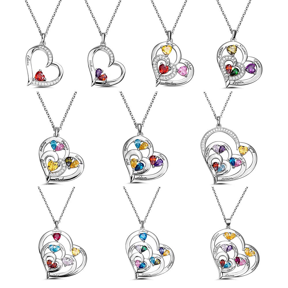AILIN Mother Necklace Personalized Engraved Heart Necklace For Women 925 Sterling Silver/Brass Custom 1-10 Birthstones and Names Grandma Pendant Necklace Birthday Jewelry Gifts For Mom Wife