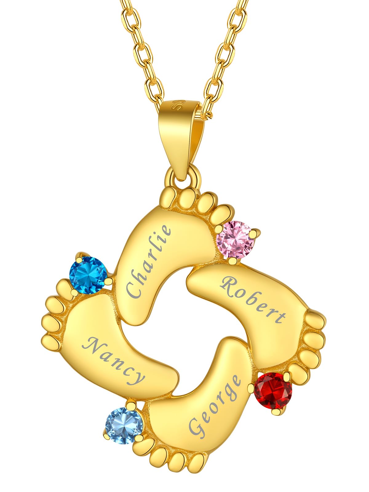 FindChic Custom Baby Feet Necklaces with 1/2/3/4/5 Names Birthstones Personalized New Mom Gift 925 Sterling Silver/Stainless Steel Metal Family Jewelry, with Gift Box