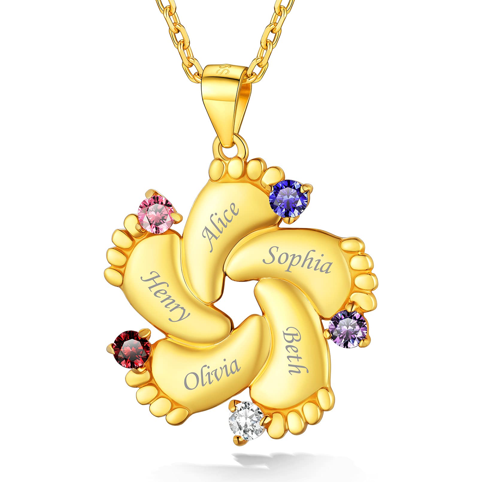 Custom4U Personalized Mom Neckalce with 1/2/3/4/5 Names Birthstones Custom Footprint Baby Feet Pendant Cutomized Memorial Mother Jewelry Engraved Gifts for Mom Women New Mom (Gift Box)