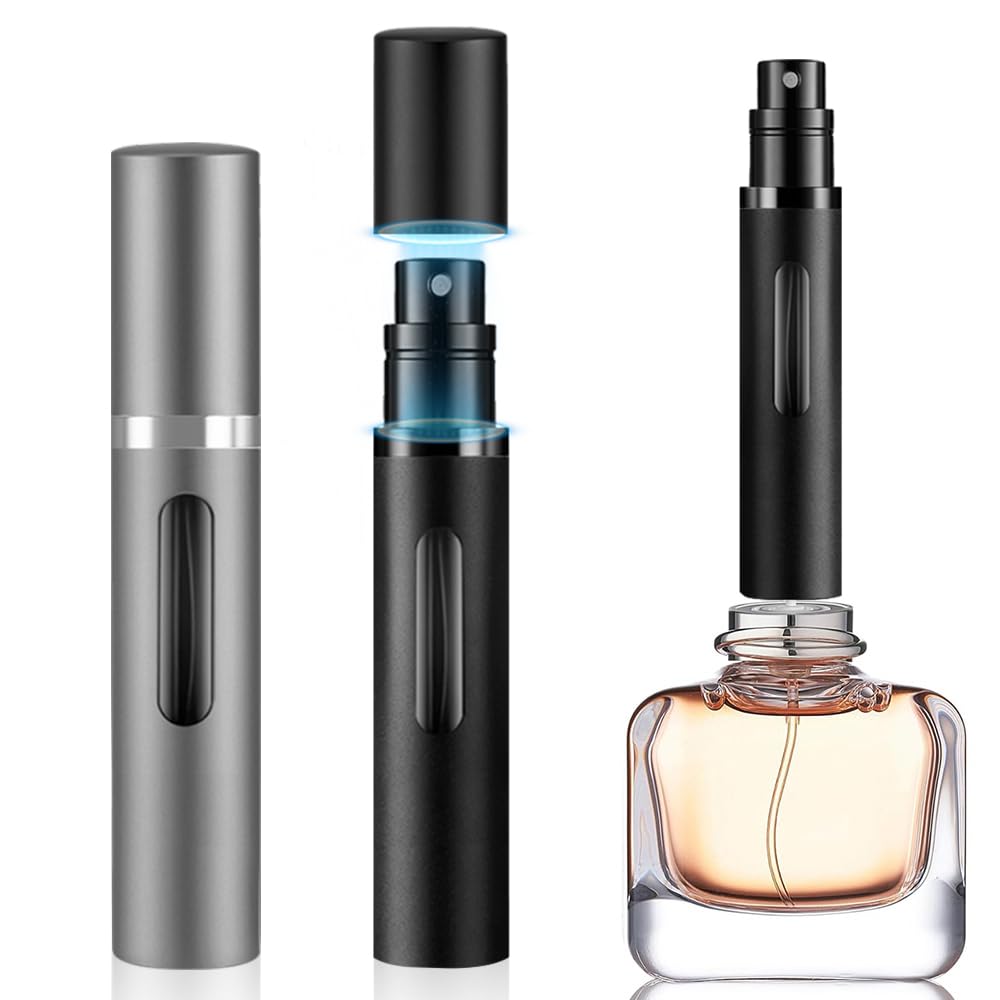 8ml Perfume Atomizer Travel Refillable,Mini Cologne Dispenser, Bottom-Filling Fragrances Perfumes Bottle,Portable Sprayer Pocket Size for Women Men Cruise Car Trip Gift 2pcs (Black-Grey)