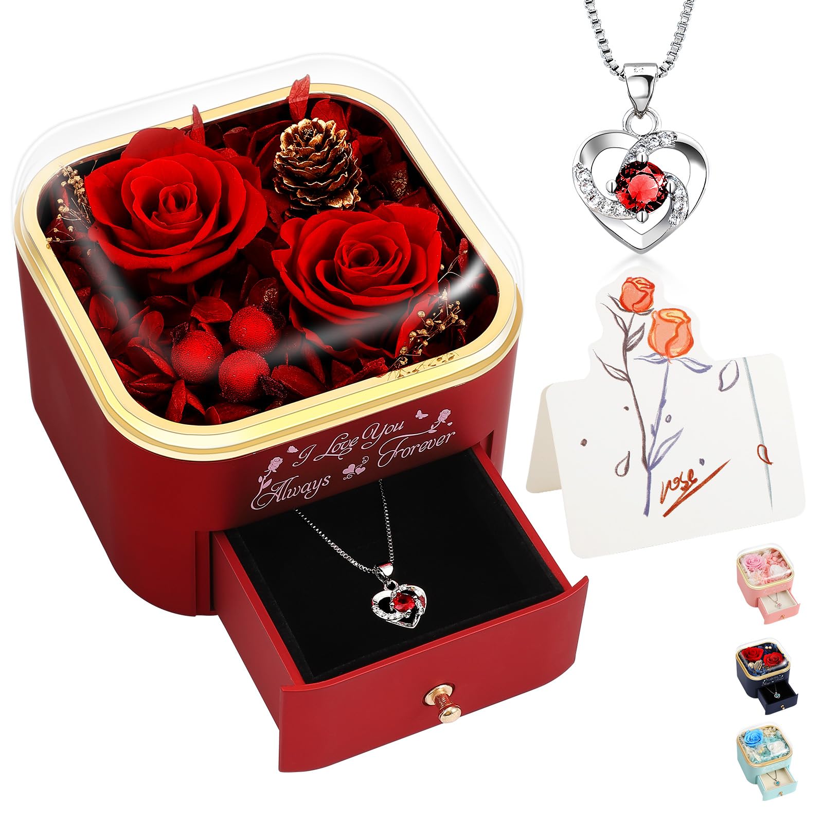 Preserved Roses Jewelry Box with Heart Necklace - Eternal Rose & ‘I Love You Always & Forever’ Engraving - Luxury Gift for Mom, Wife, or Grandma on Mother’s Day