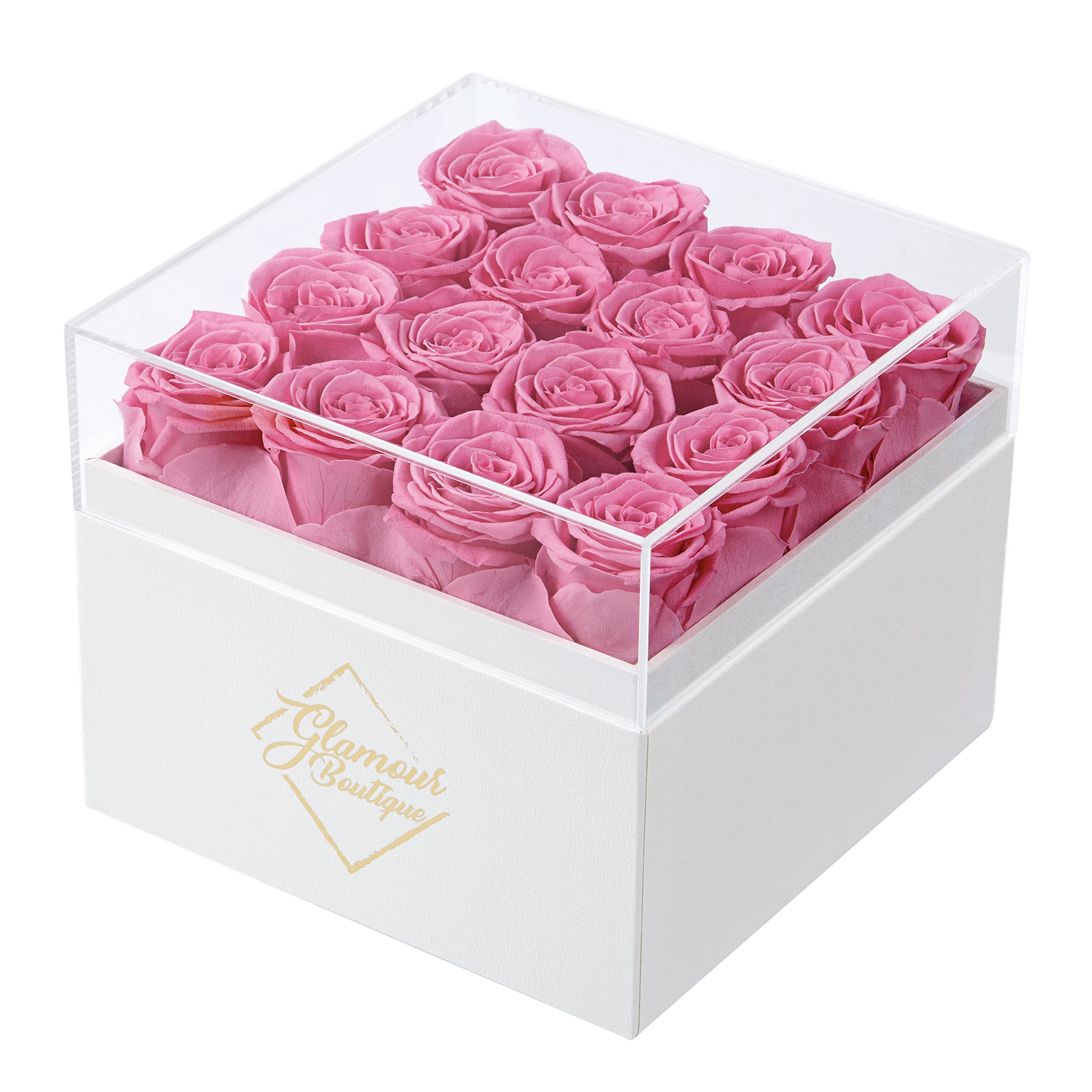 Preserved Roses in a Box - Gifts for Her & Mom, 16-Piece Rose Flowers Decor for Birthday Gift, Cased in White Box with Acrylic Cover, 6.9" x 6.9" x 5.5" - Pink