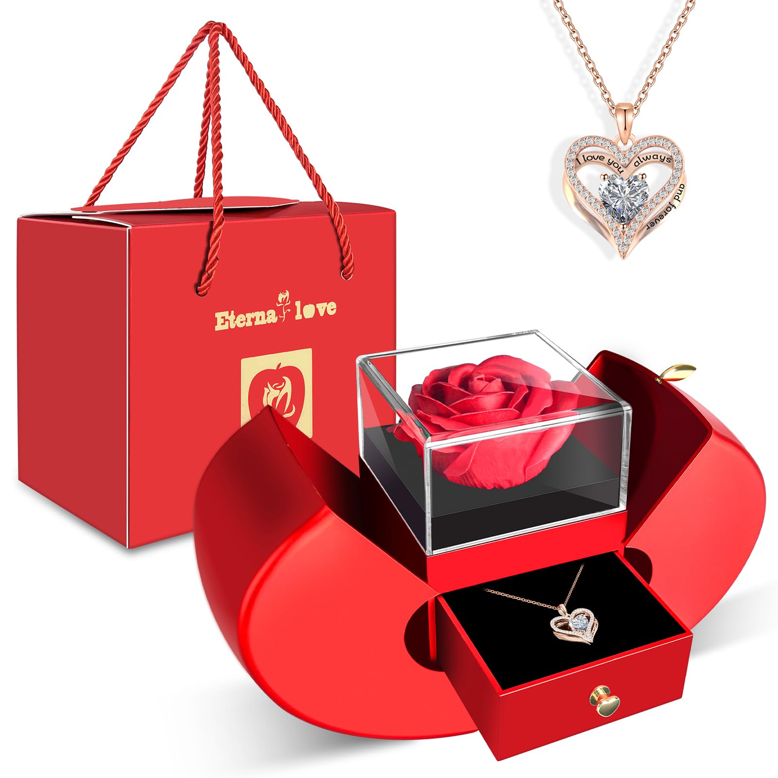 Preserved Flower Red Rose with Heart Necklace, Gifts for Mom, Girlfriend, Women, Wife, Grandma on Christmas, Valentine's Day, Mother's Day, Birthday, Anniversary, Thanksgiving