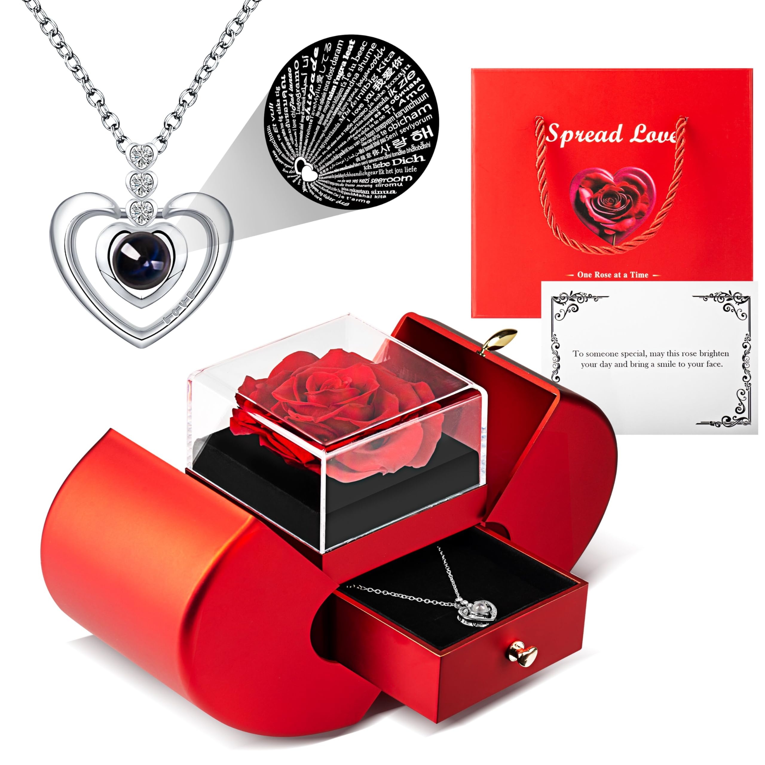 Real Preserved Rose with 'I Love You' Necklace in 100 Languages - Eternal Rose for Girlfriend, Wife, Mom - Perfect Birthday Red Box