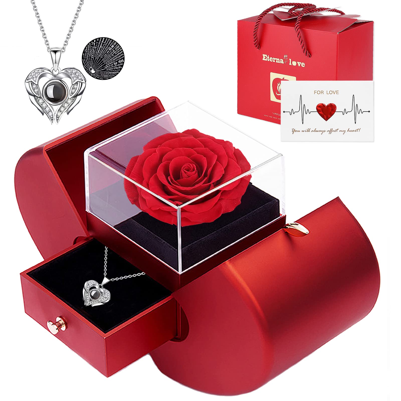 Preserved Real Rose with I Love You Necklace 100 Languages, Gifts for Girlfriend, Women, Mom, Wife, Gifts Idea on Christmas, Valentine's Day, Mother's Day, Birthday, Anniversary, Thanksgiving