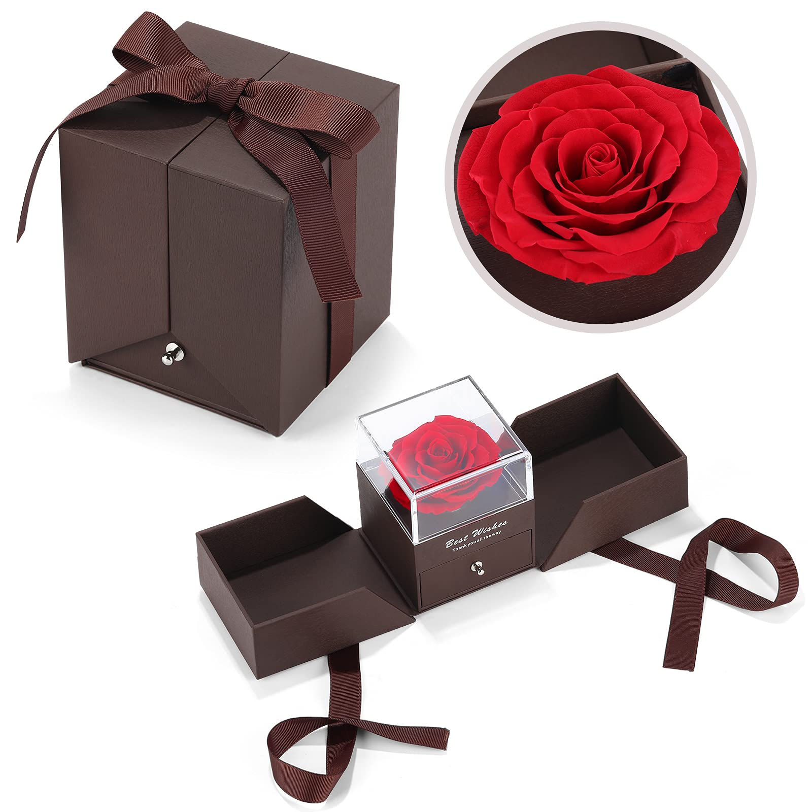 Roses Gift Preserved Real Rose with Jewelery Box, Artificial Flowers Decor for Decoration Romantic Gifts for Women in Her Wife Girlfriend Birthday Anniversary Mothers Day Christmas(Red)
