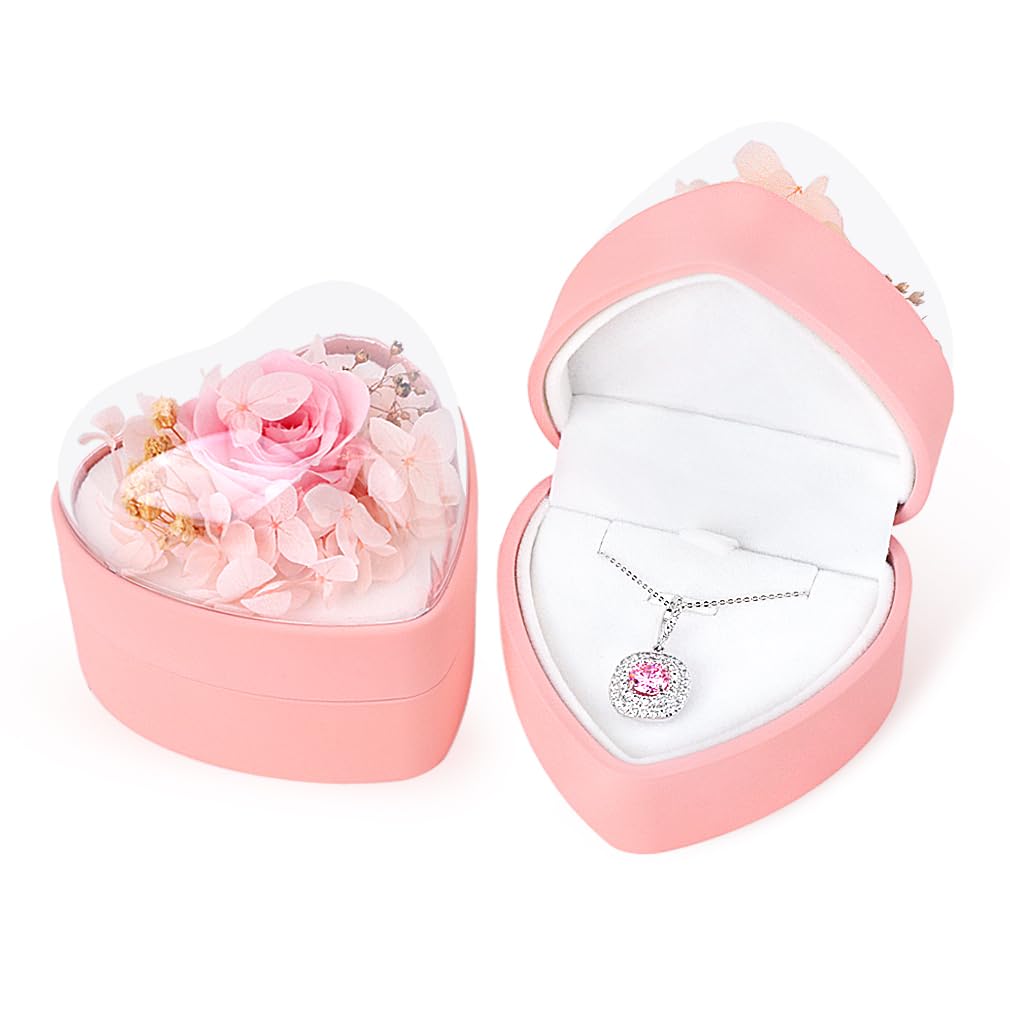 iSuperb Heart Shape Pendant Box Preserved Flower Rose Necklace Case Velvet Jewelry Box Gift Box for Wedding Anniversary Birthday (Pink)