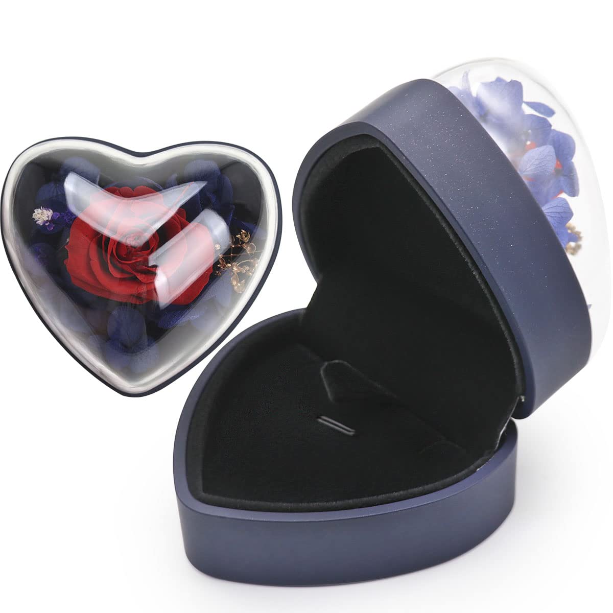 Preserved Flower Rose Pendant Box, Heart Shape Velvet Jewelry Box for Valentine's Day Mother's Day Wedding Anniversary Birthday Gift, Dark Blue