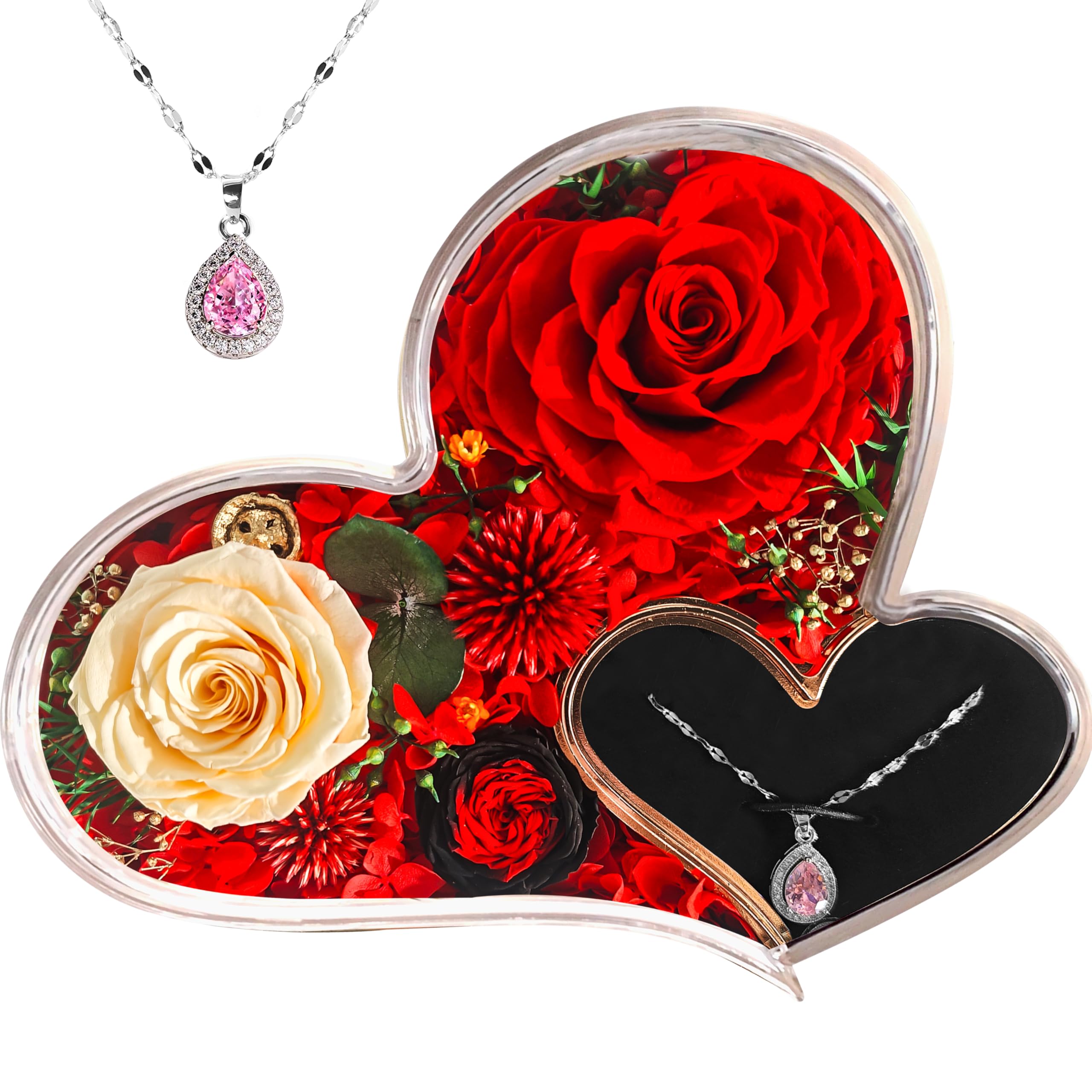 Preserved Real Flower Rose with Necklace in Exquisite Love Gift Box, Gifts for Women,Mothers Wife Girlfriend, Ideal for Mother's Day, Birthday, Anniversary,Valentine's -Eternal Roses (Red)