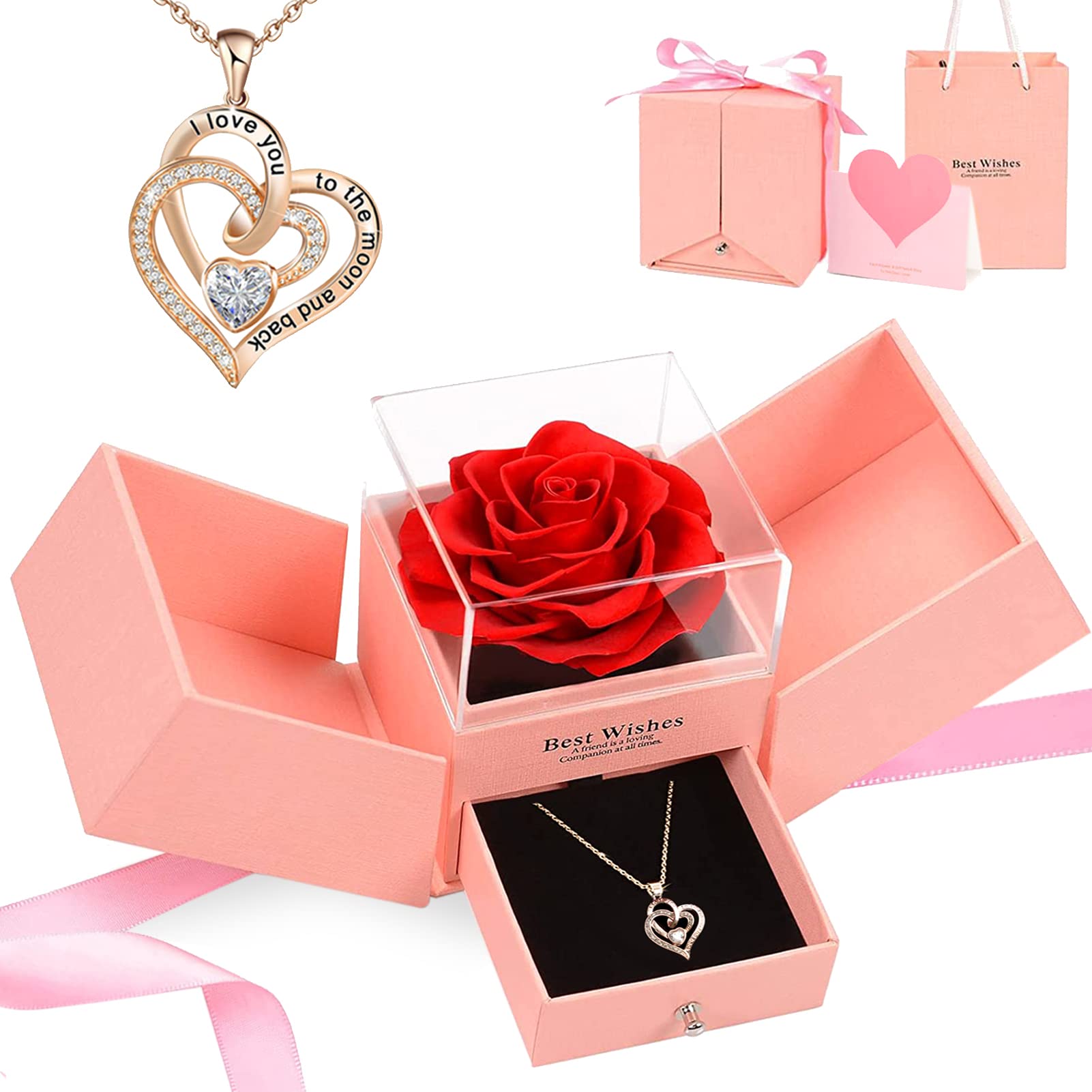Mom Gifts, Preserved Rose Box with Heart Necklace,Gift Box and Cards, Gifts Ideas for Her, Gift Card Eternal Flowers for Mothers Day, Valentines, Birthday, Anniversary