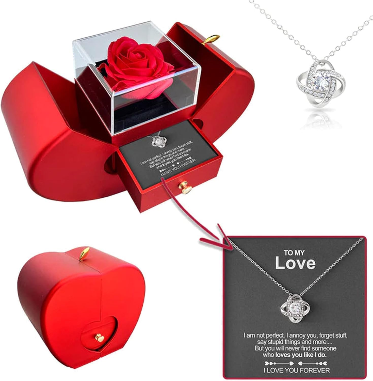 Preserved Handmade Red Rose With Hollow Clavicle Necklace,Jewelry Boxes With Necklace For Girlfriend,Wife,Mom With ''To My Love'' Card