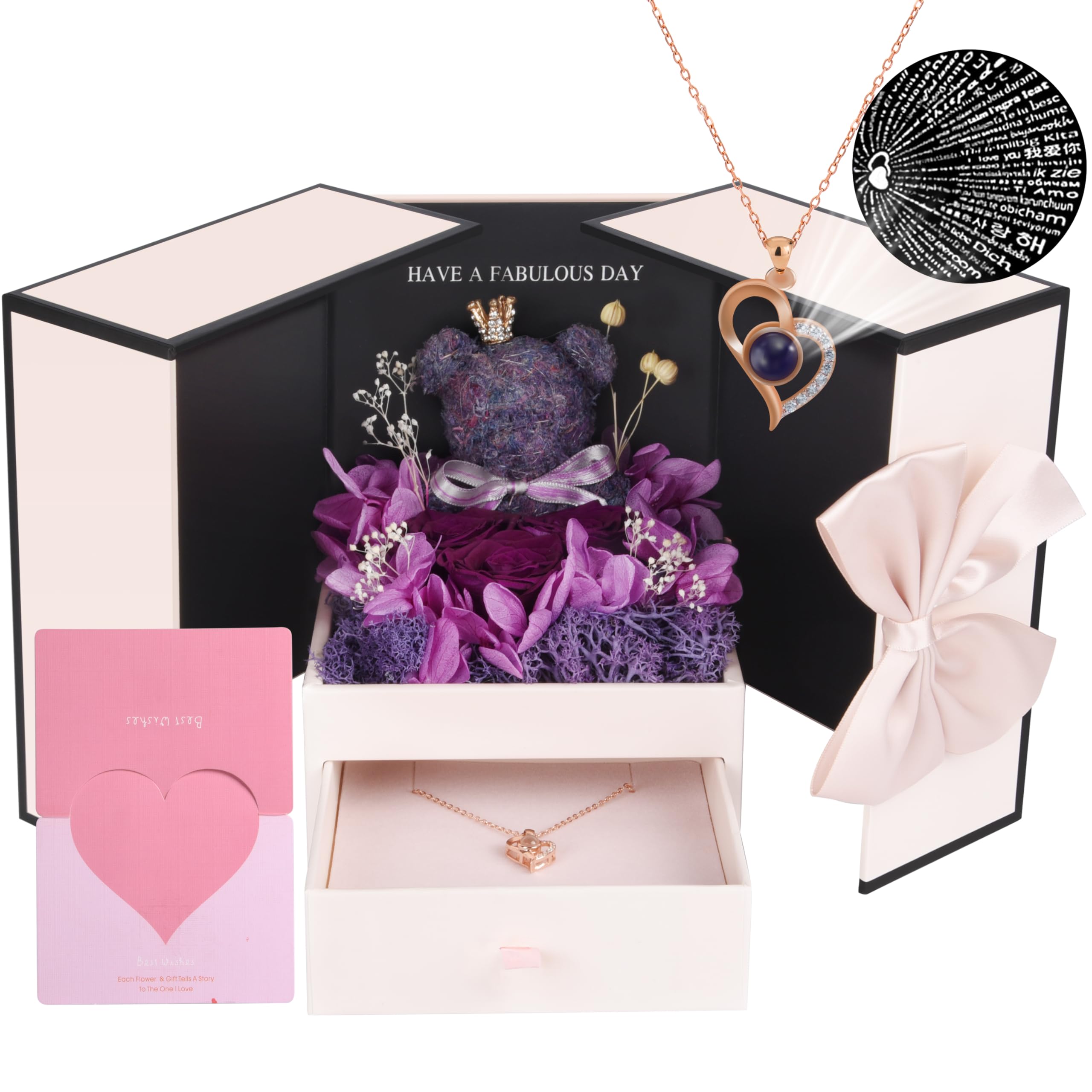 Purple Preserved Flowers Gift for Mom with I Love U Necklace in 100 Languages on Mother's Day, Unique Preserved Rose with Teddy Bear Gift Box for Girlfriend on Birthday Anniversary（Delivery Prime）