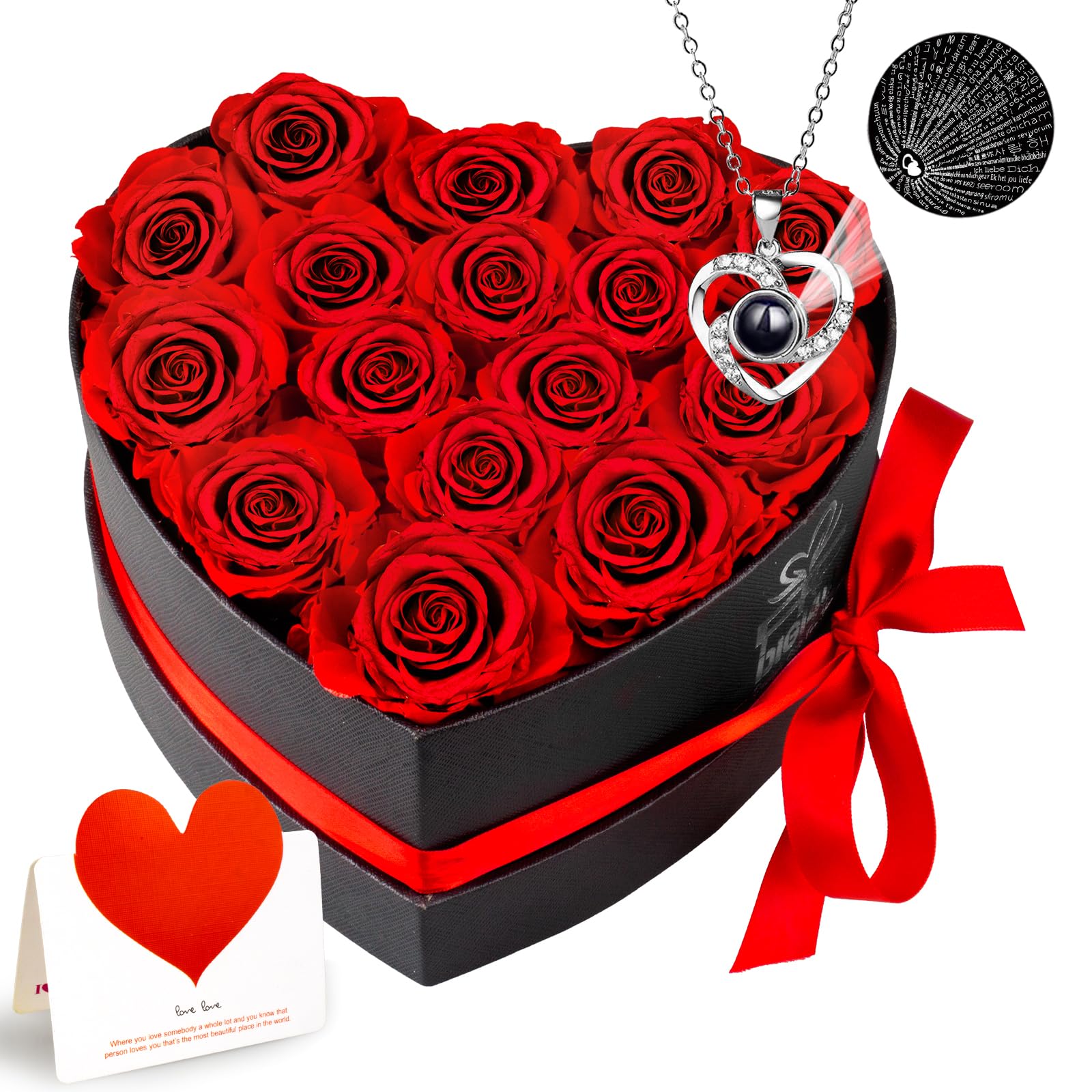 for Mom,16 Piece Preserved Forever Roses Heart Shaped Box with Necklace,Gifts for Women,Girlfriend, Mom, Wife, Birthday, Anniversary, Thanksgiving, Christmas