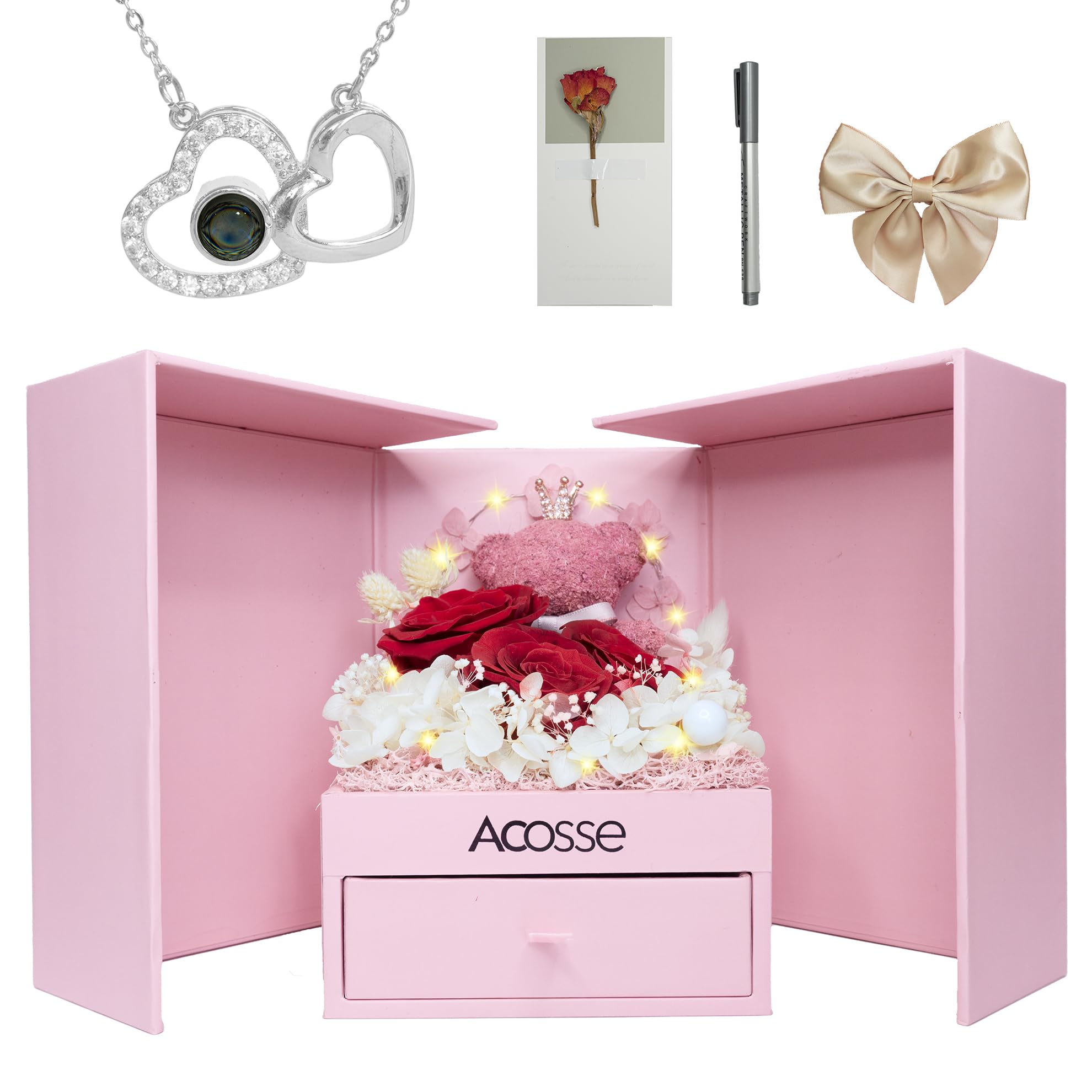 Forever Preserved Red Roses in Pink Box with Crown Bear & I Love You in 100 Languages Necklace, Gift for Women, Perfect for Birthday, Anniversary, Valentine's, Mother’s Day